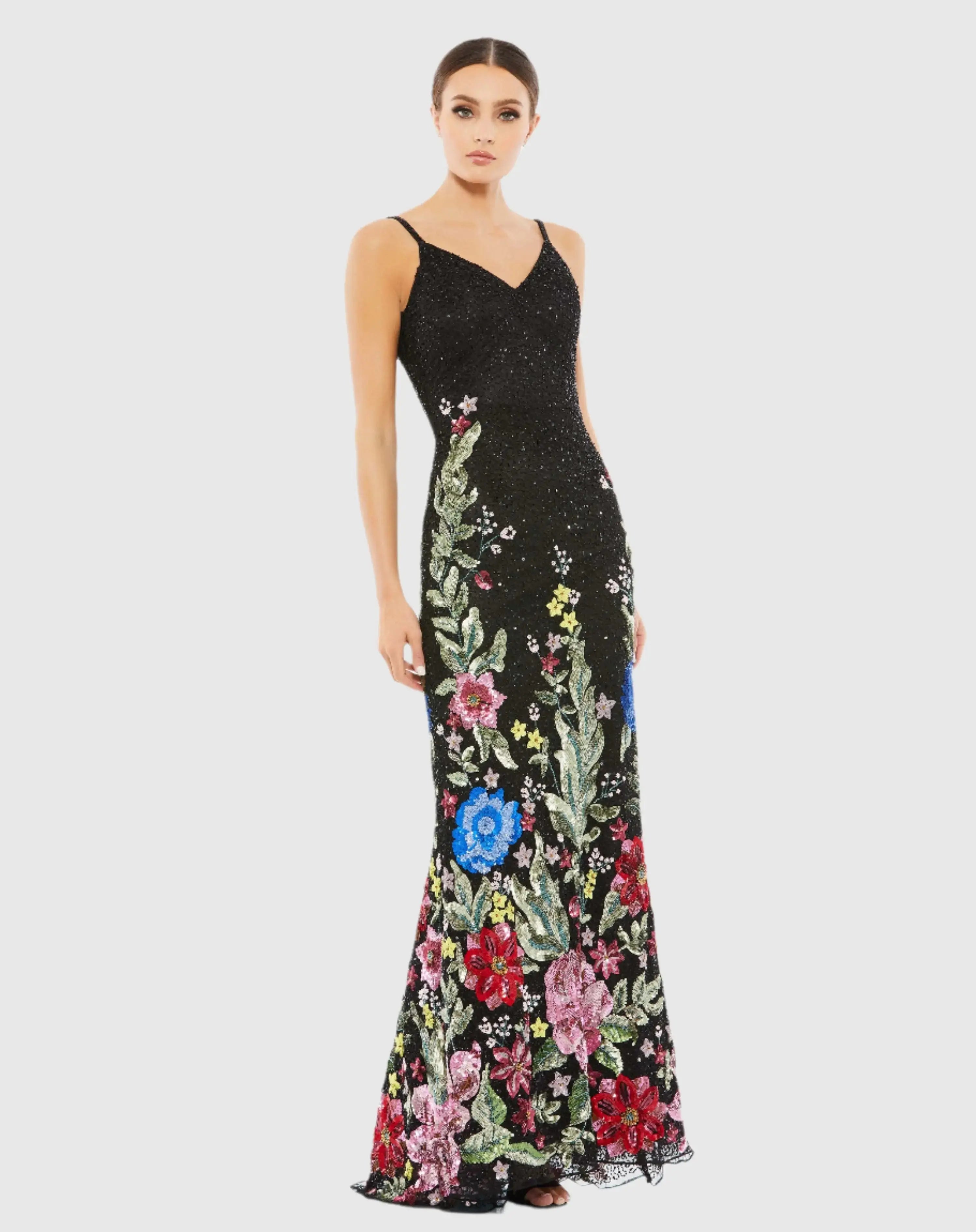 Floral Embellished Spaghetti Strap Gown-Myartka