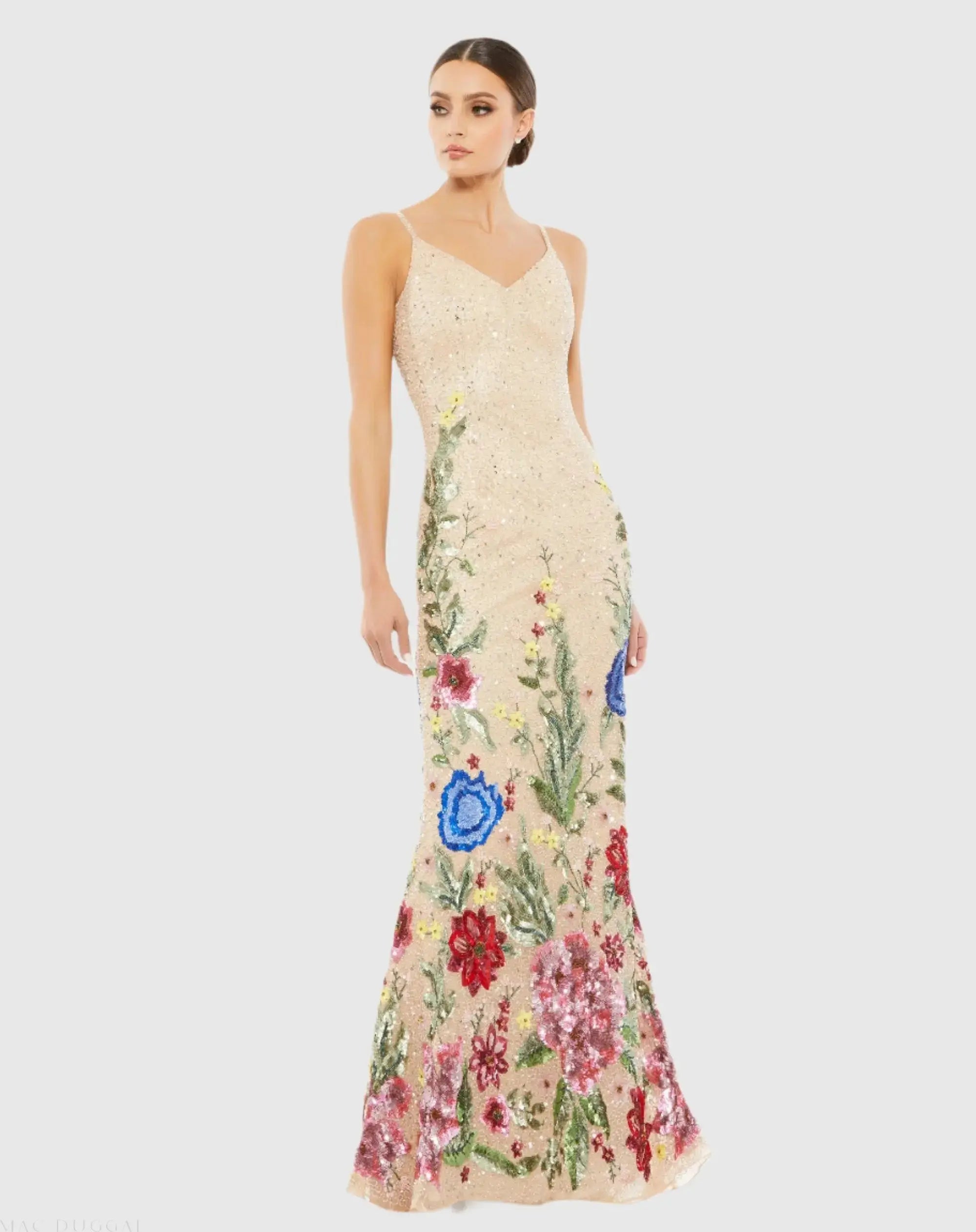 Beige Floral Embellished Spaghetti Strap Gown-Myartka