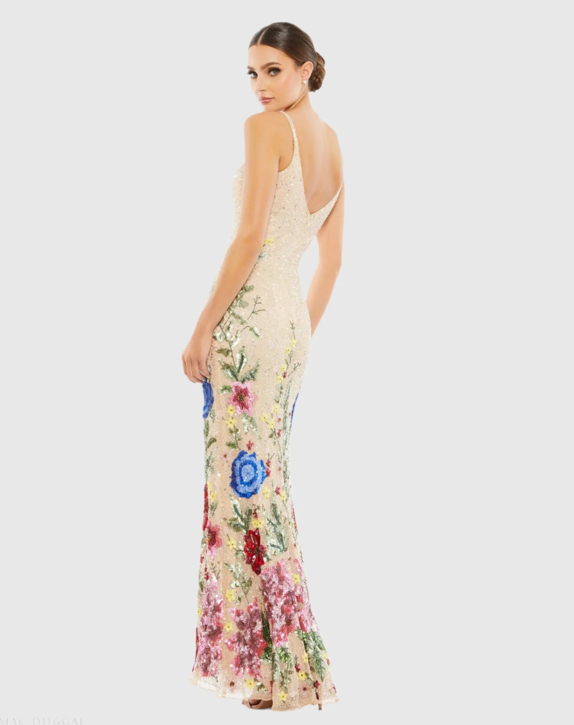 Beige Floral Embellished Spaghetti Strap Gown-Myartka