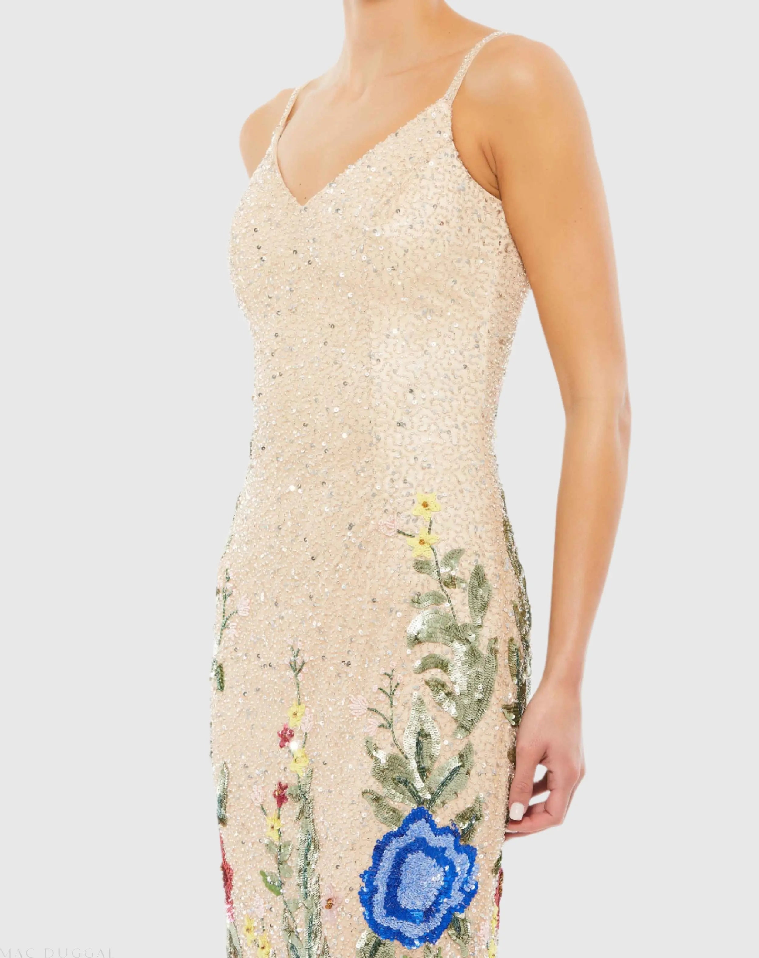Beige Floral Embellished Spaghetti Strap Gown-Myartka