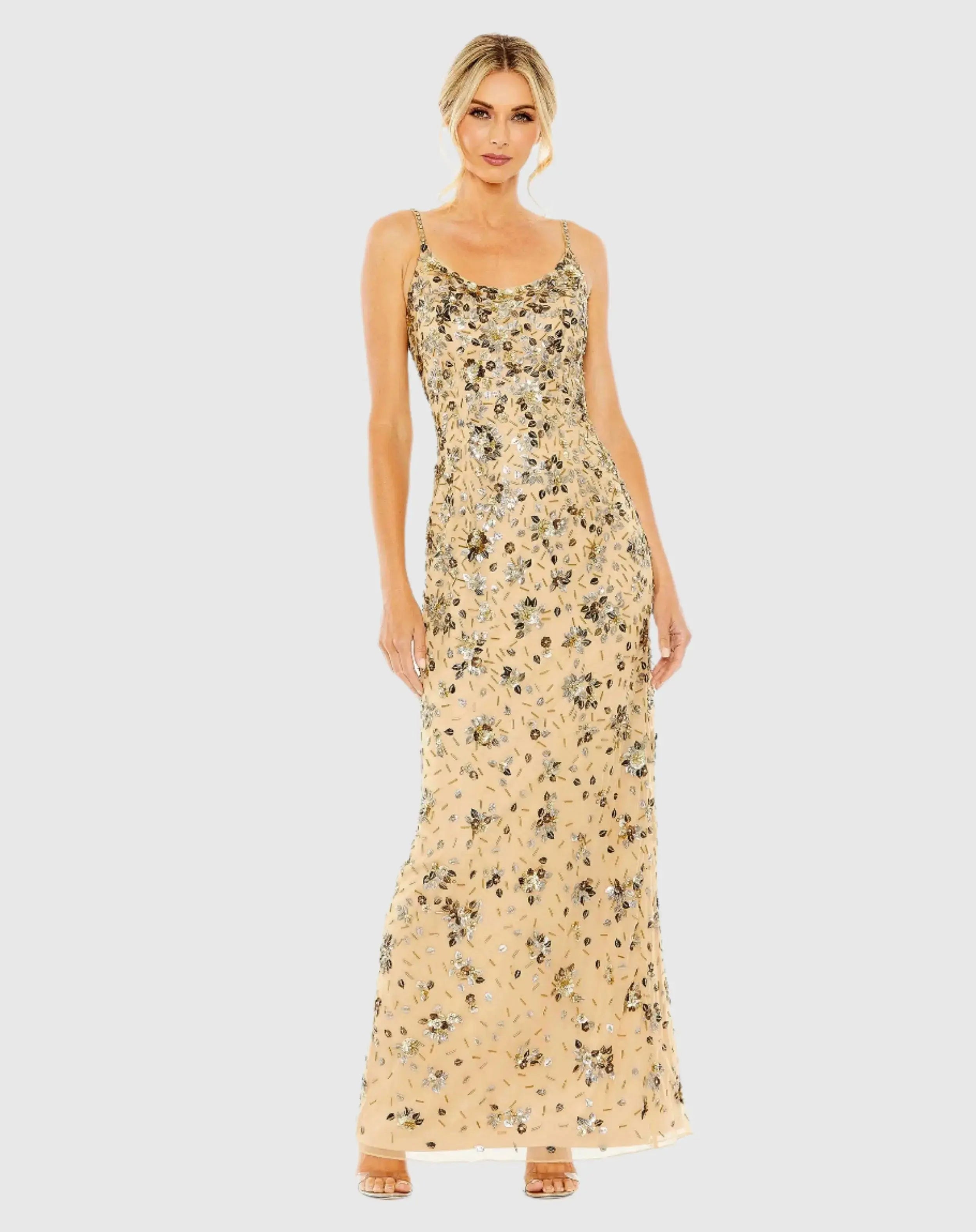 Floral Embellished Scoop Neck Evening Gown-Myartka