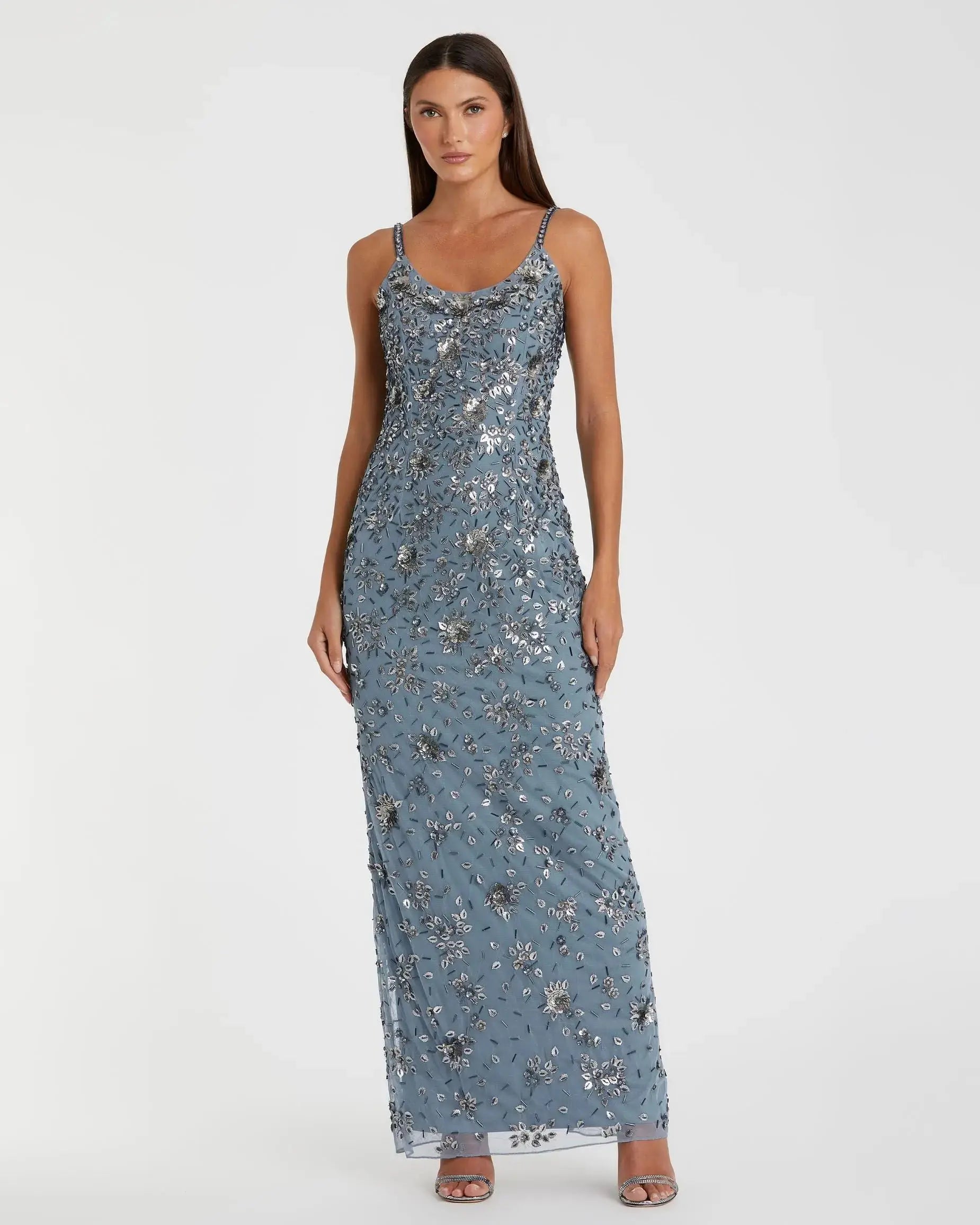 Blue Floral Embellished Scoop Neck Evening Gown-Myartka