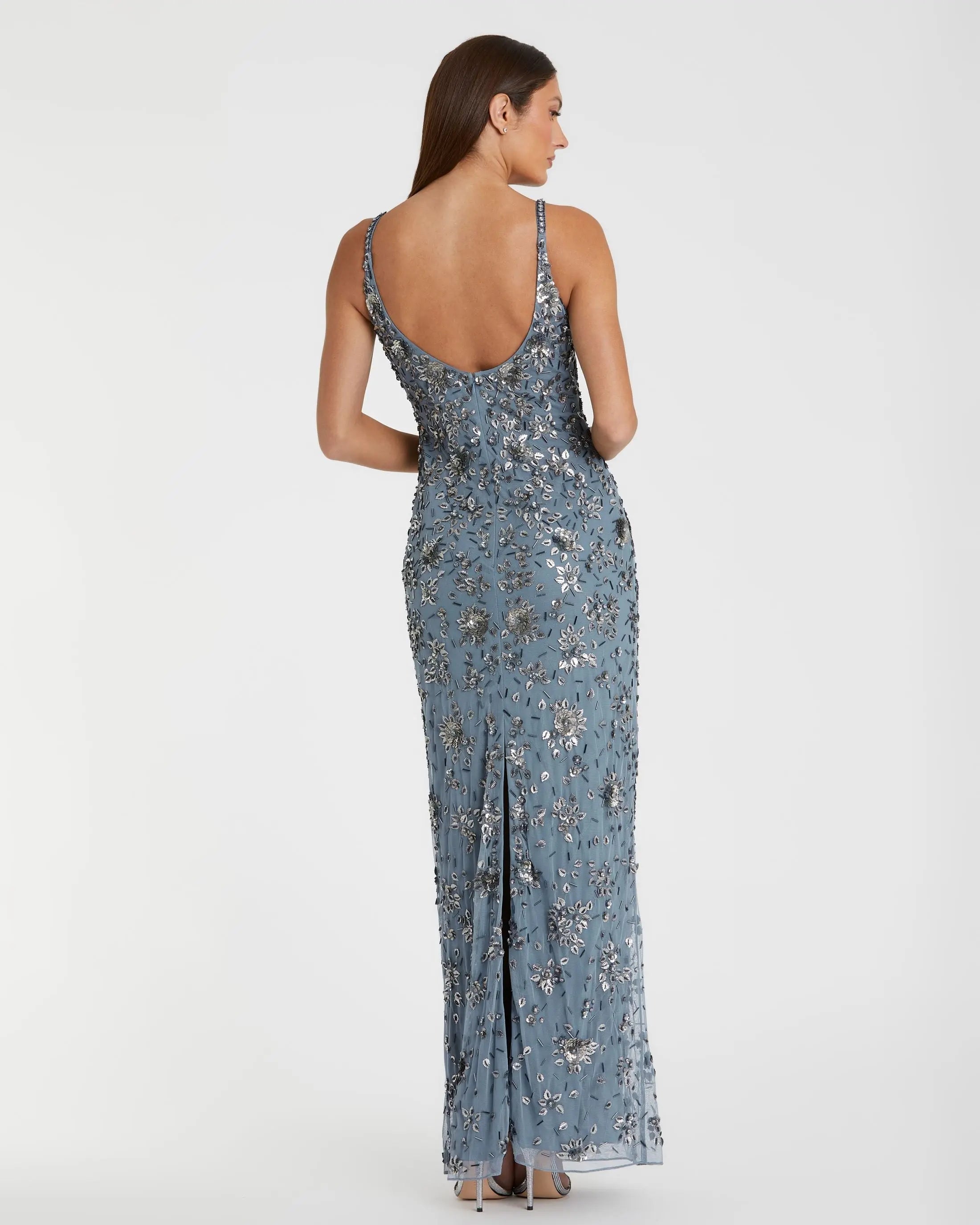 Blue Floral Embellished Scoop Neck Evening Gown-Myartka