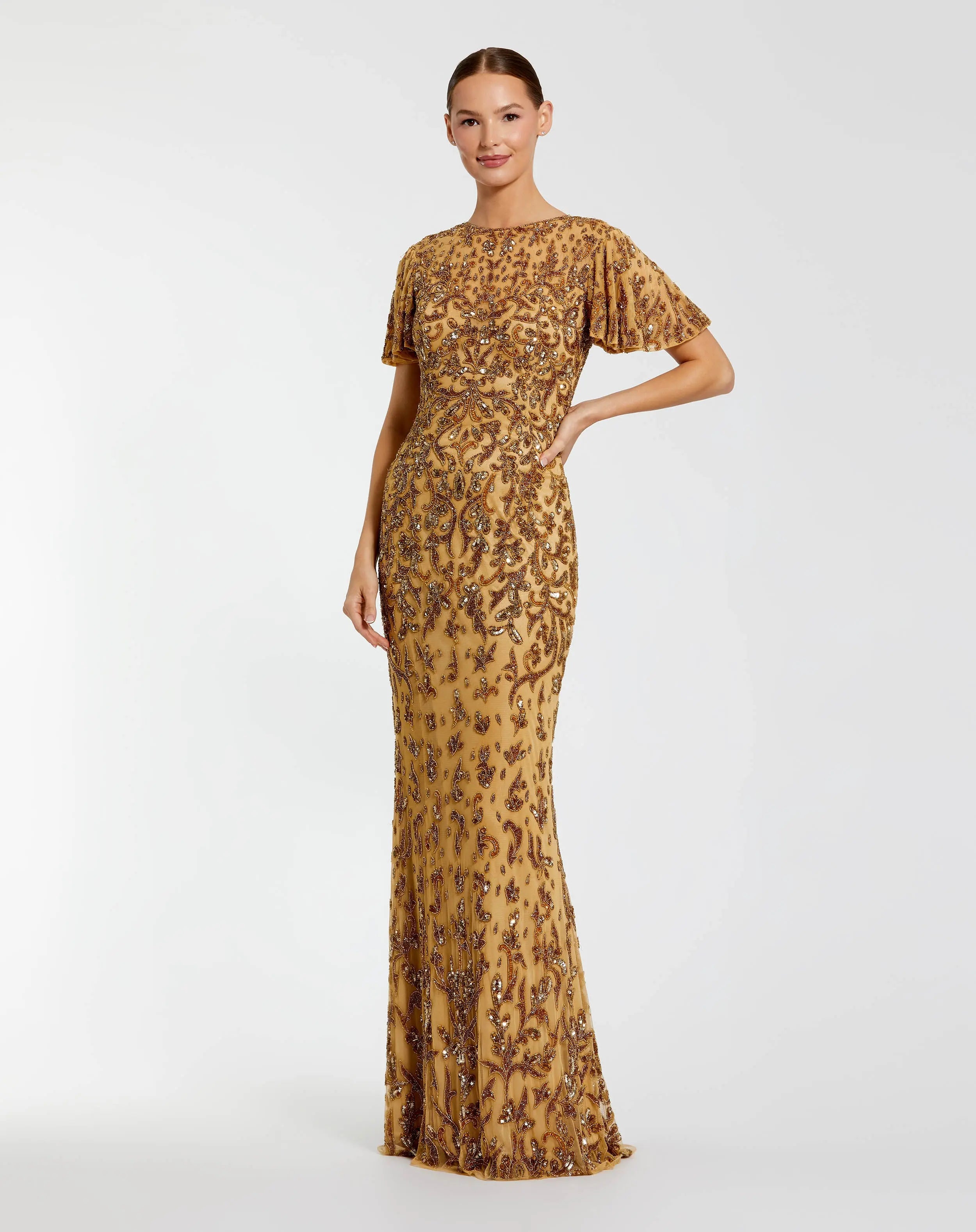 Gold Embellished High Neck Flutter Sleeve Gown-Myartka