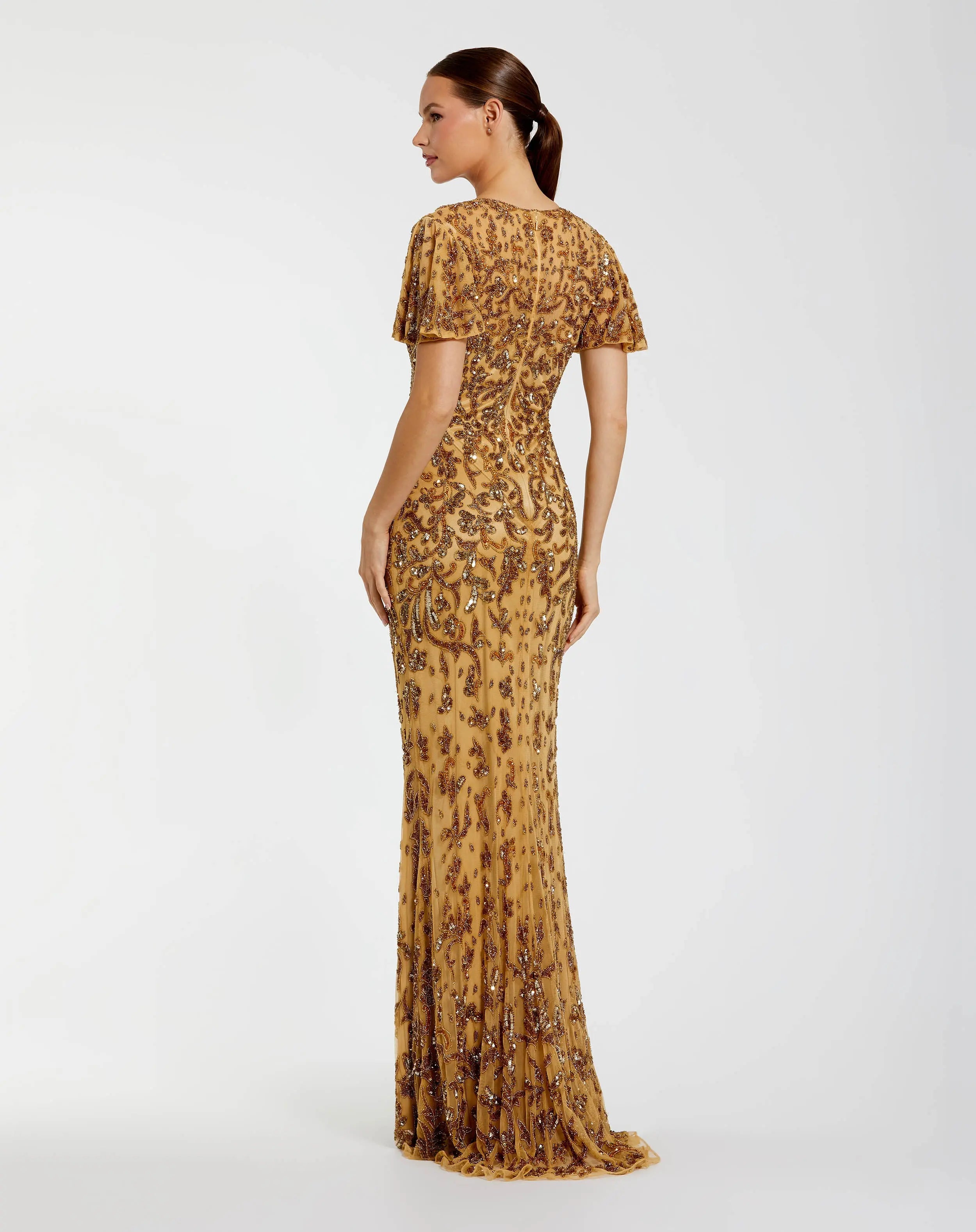 Gold Embellished High Neck Flutter Sleeve Gown-Myartka