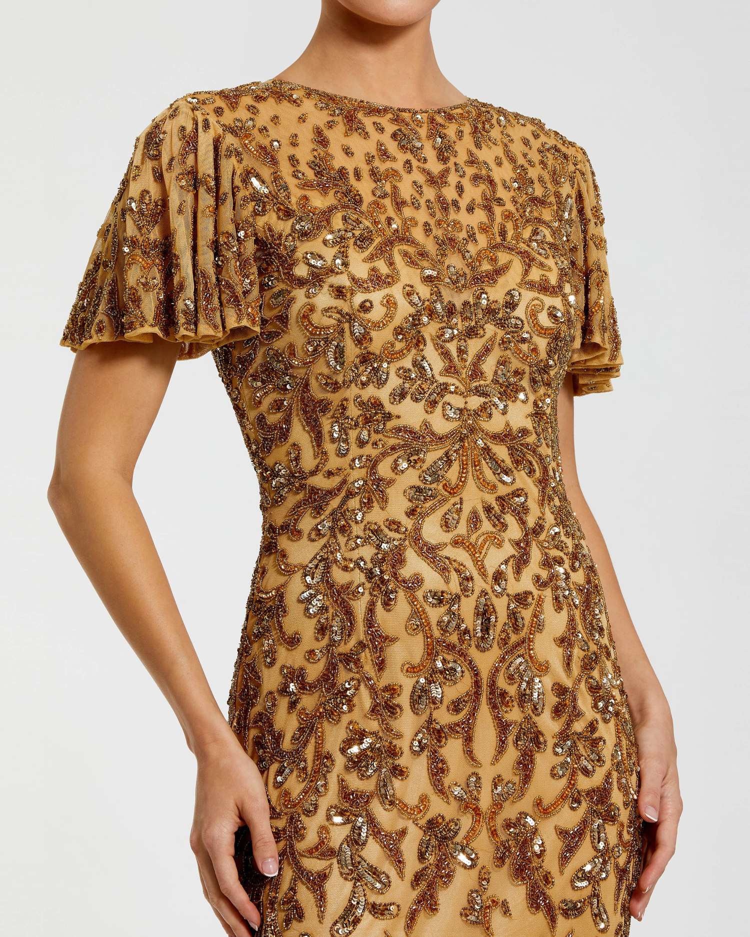 Gold Embellished High Neck Flutter Sleeve Gown-Myartka