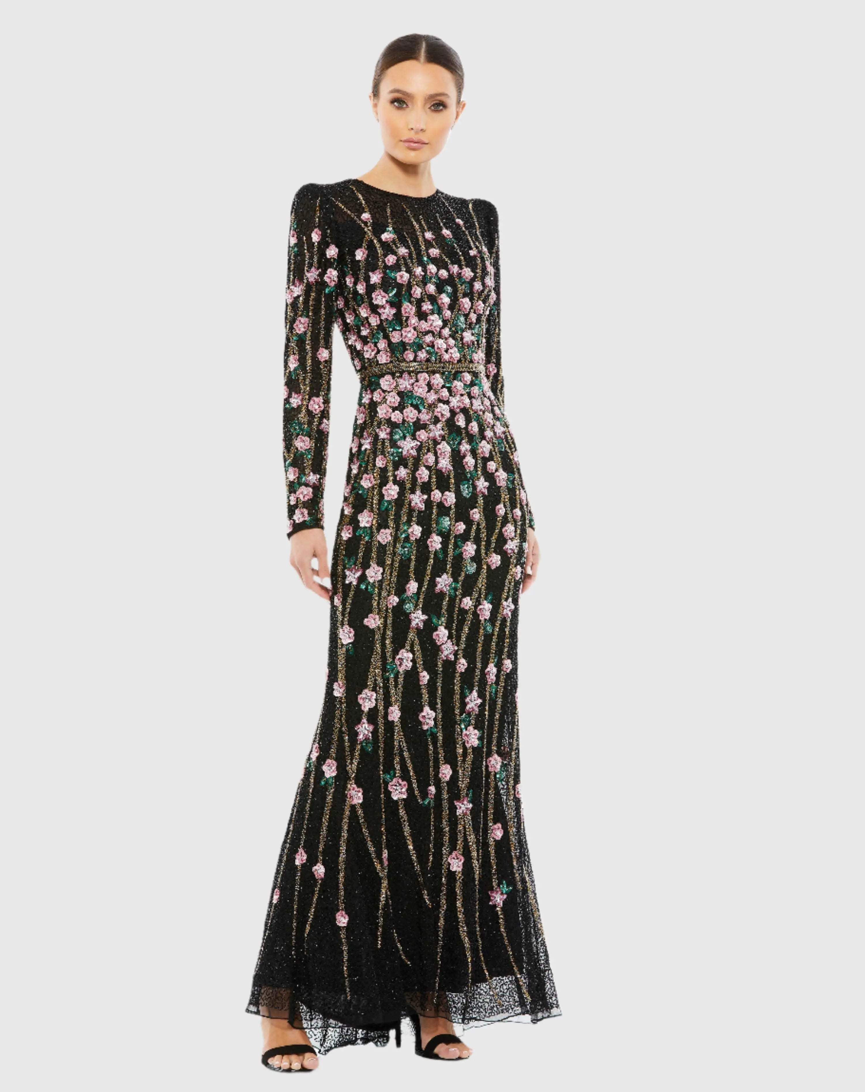 Black Embellished High Neck Long Sleeve Gown-Myartka