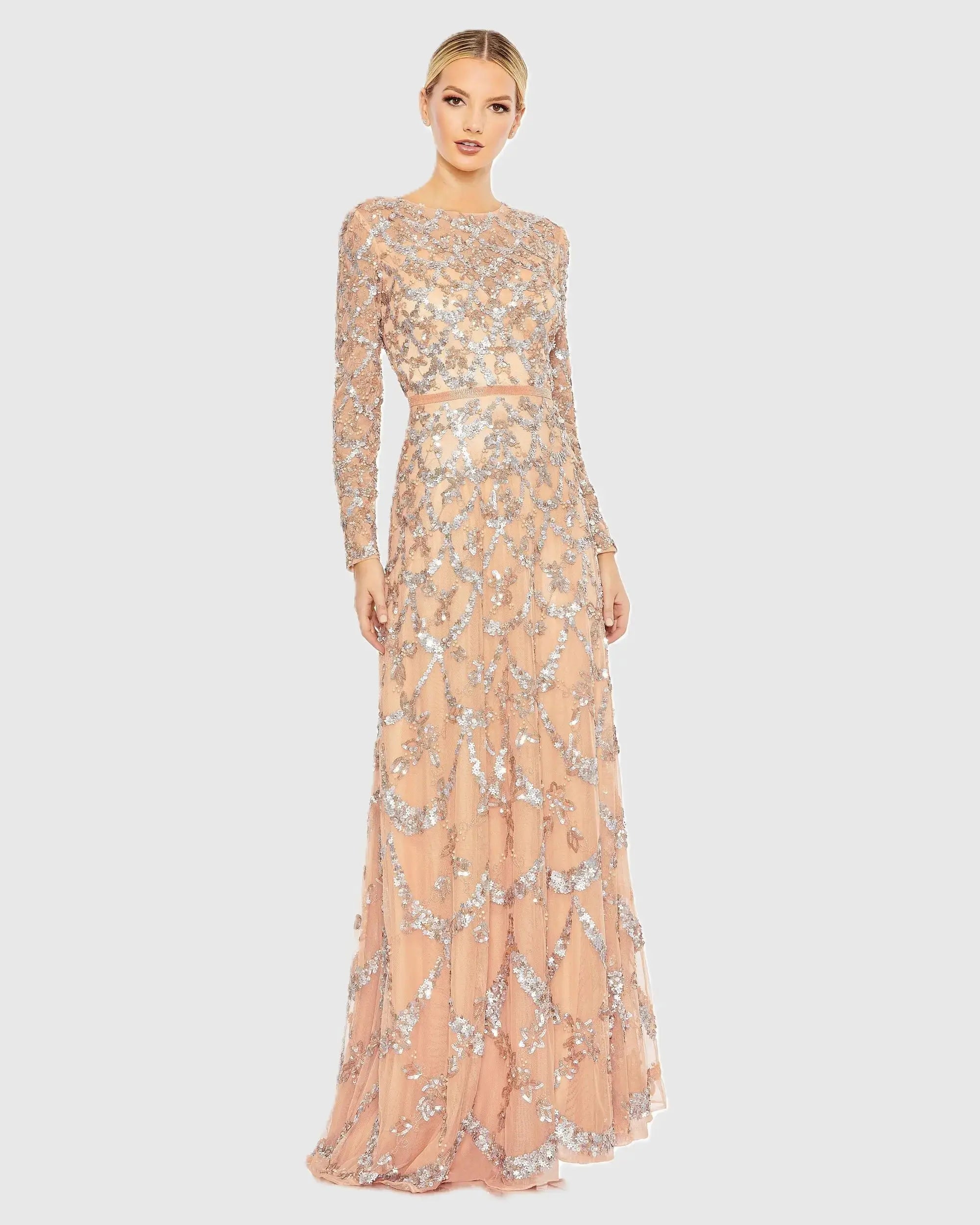 Embellished Illusion High Neck Long Sleeve A Line Gown-Myartka