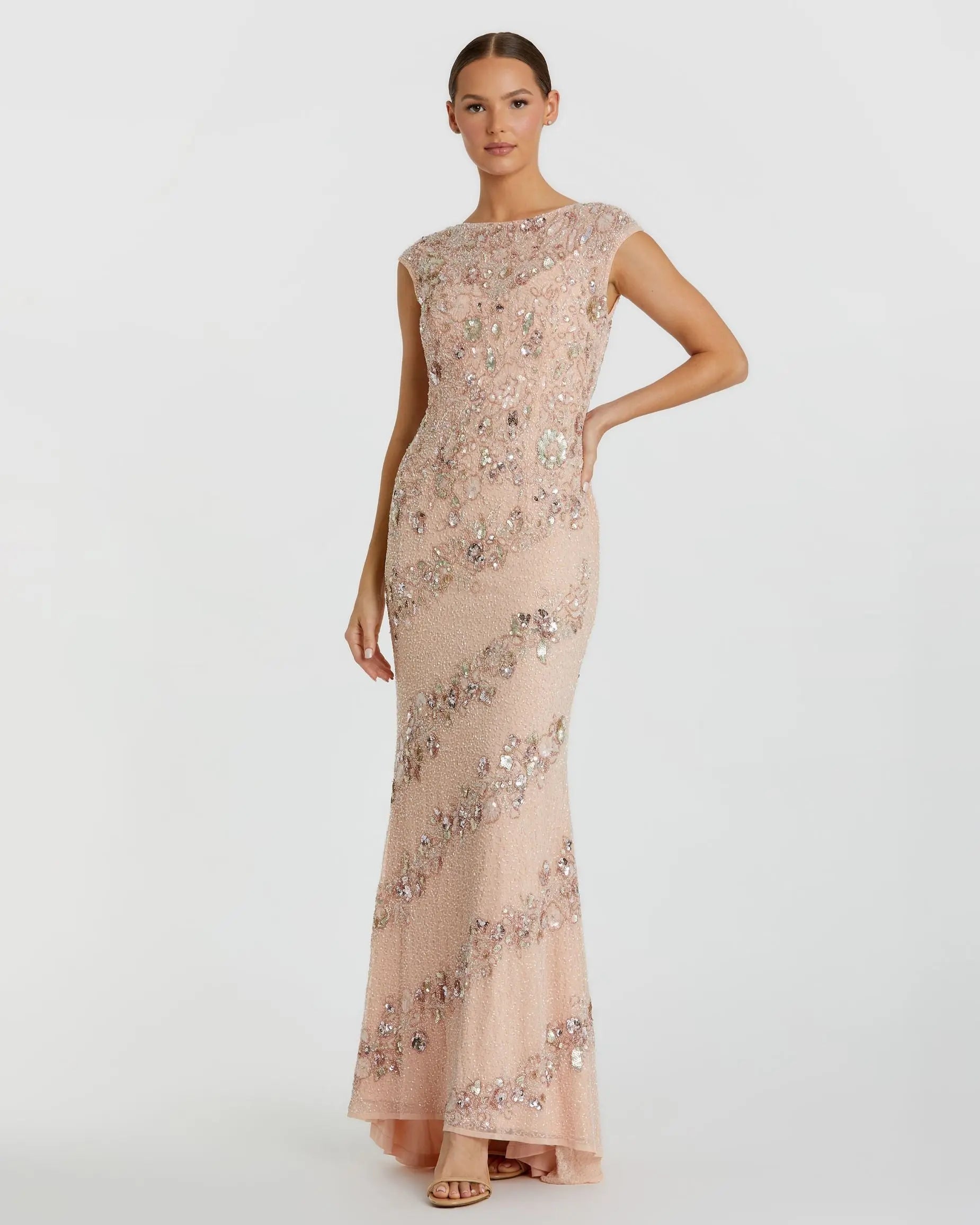 Floral Embellished Cap Sleeve Column Gown-Myartka