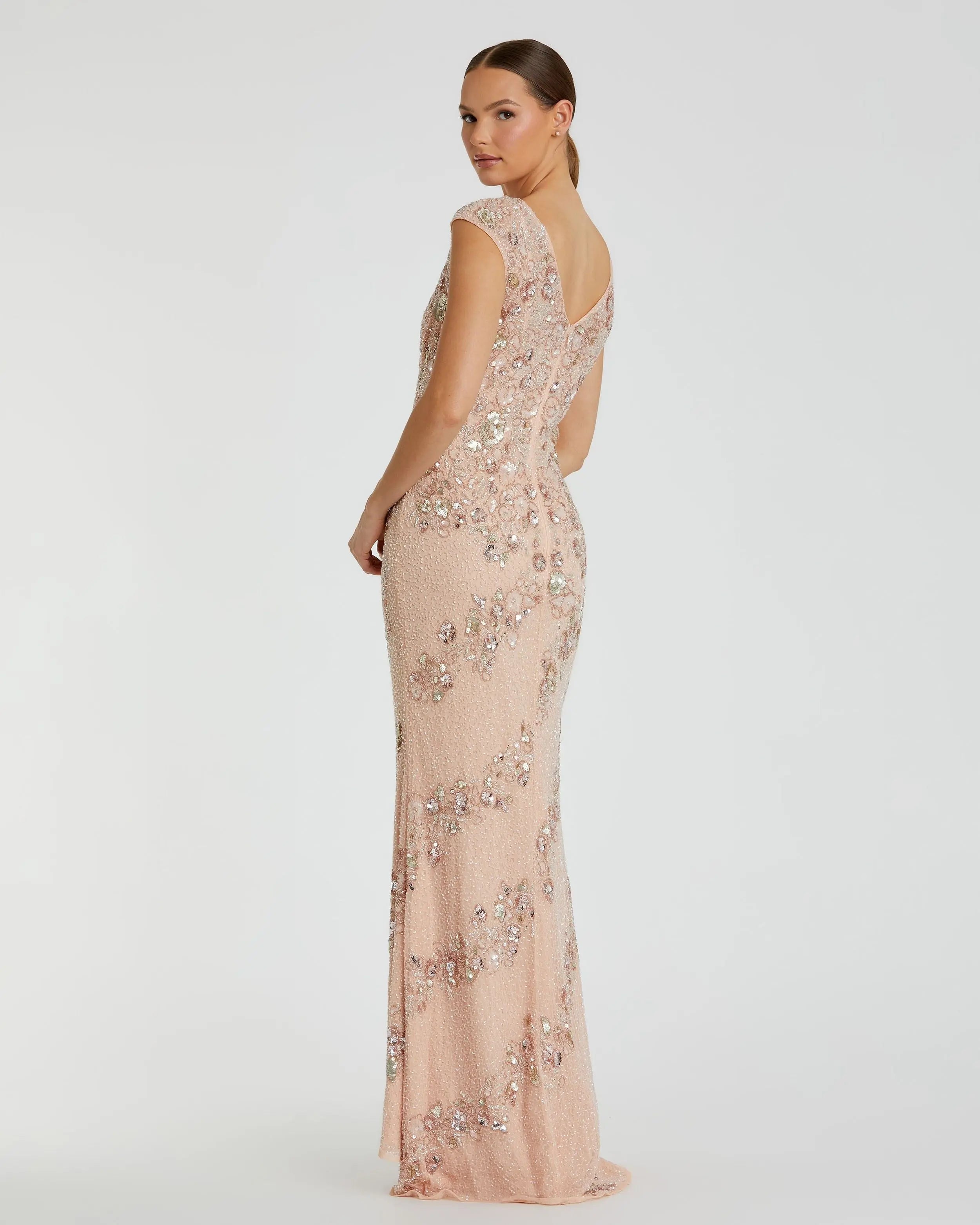Pink Floral Embellished Cap Sleeve Column Gown-Myartka