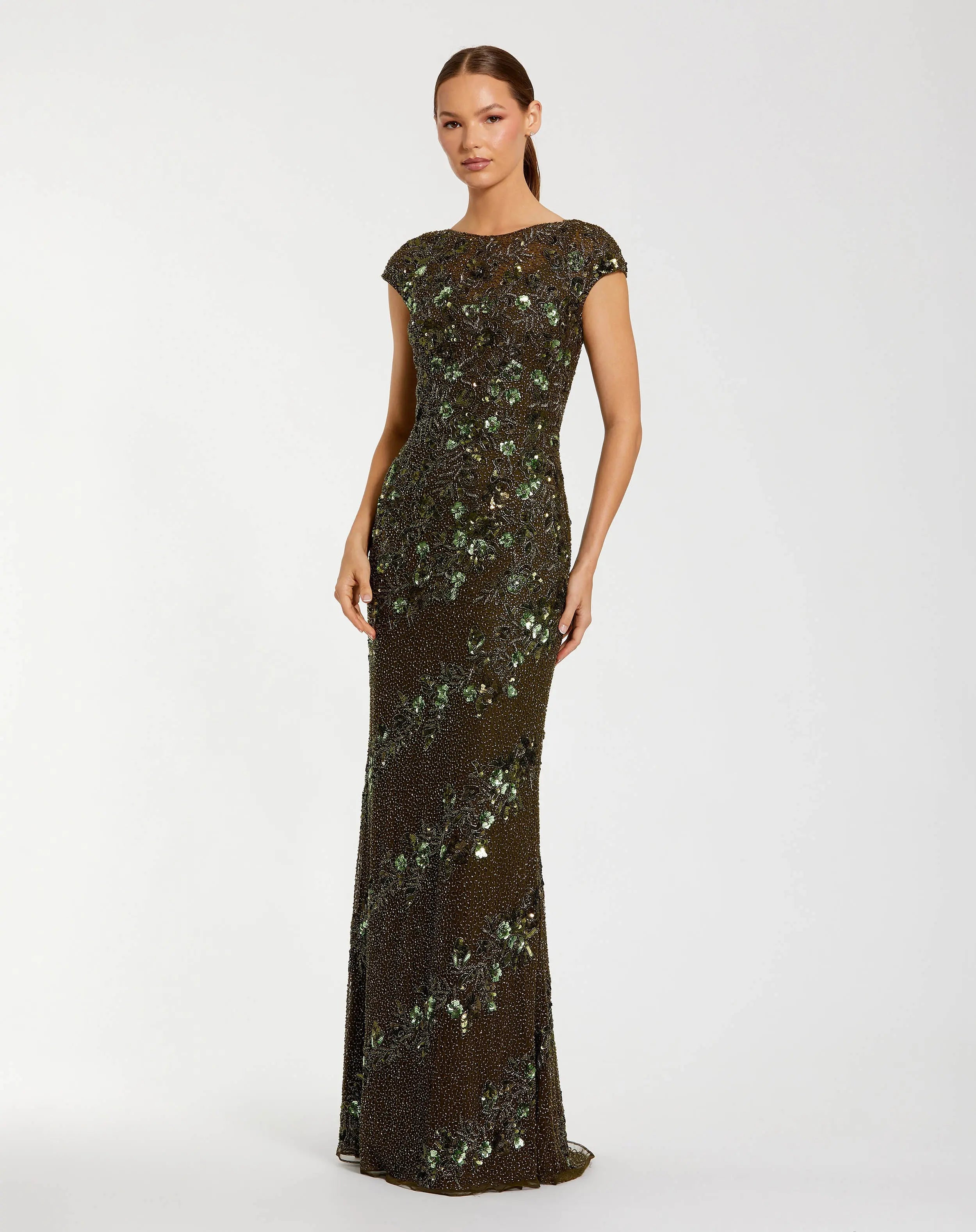 Floral Embellished Cap Sleeve Column Gown-Myartka