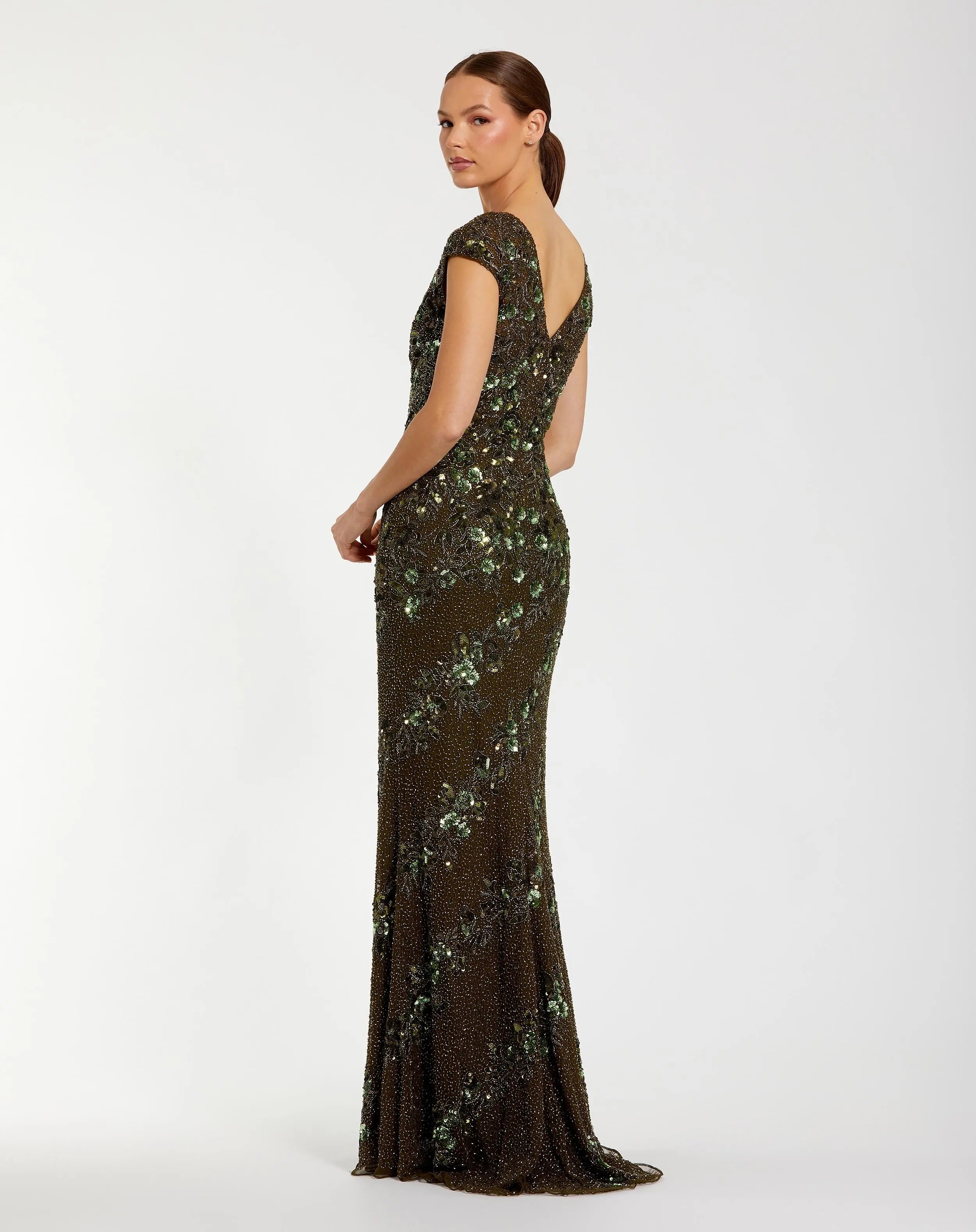Green Floral Embellished Cap Sleeve Column Gown-Myartka