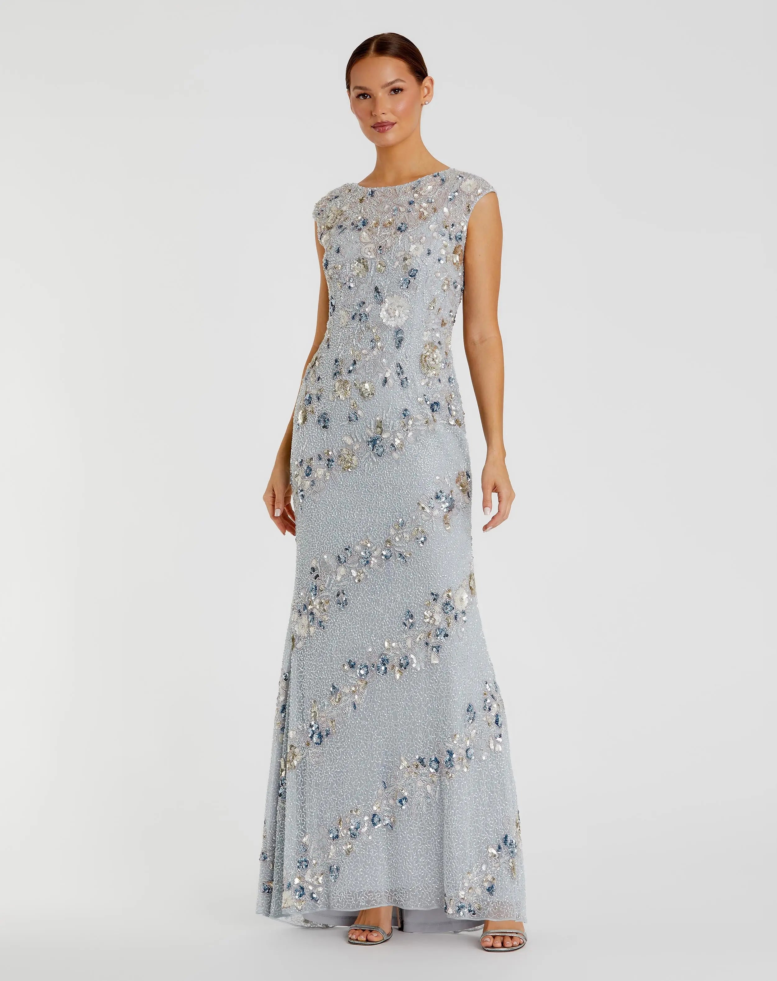 Light Blue Floral Embellished Cap Sleeve Column Gown-Myartka
