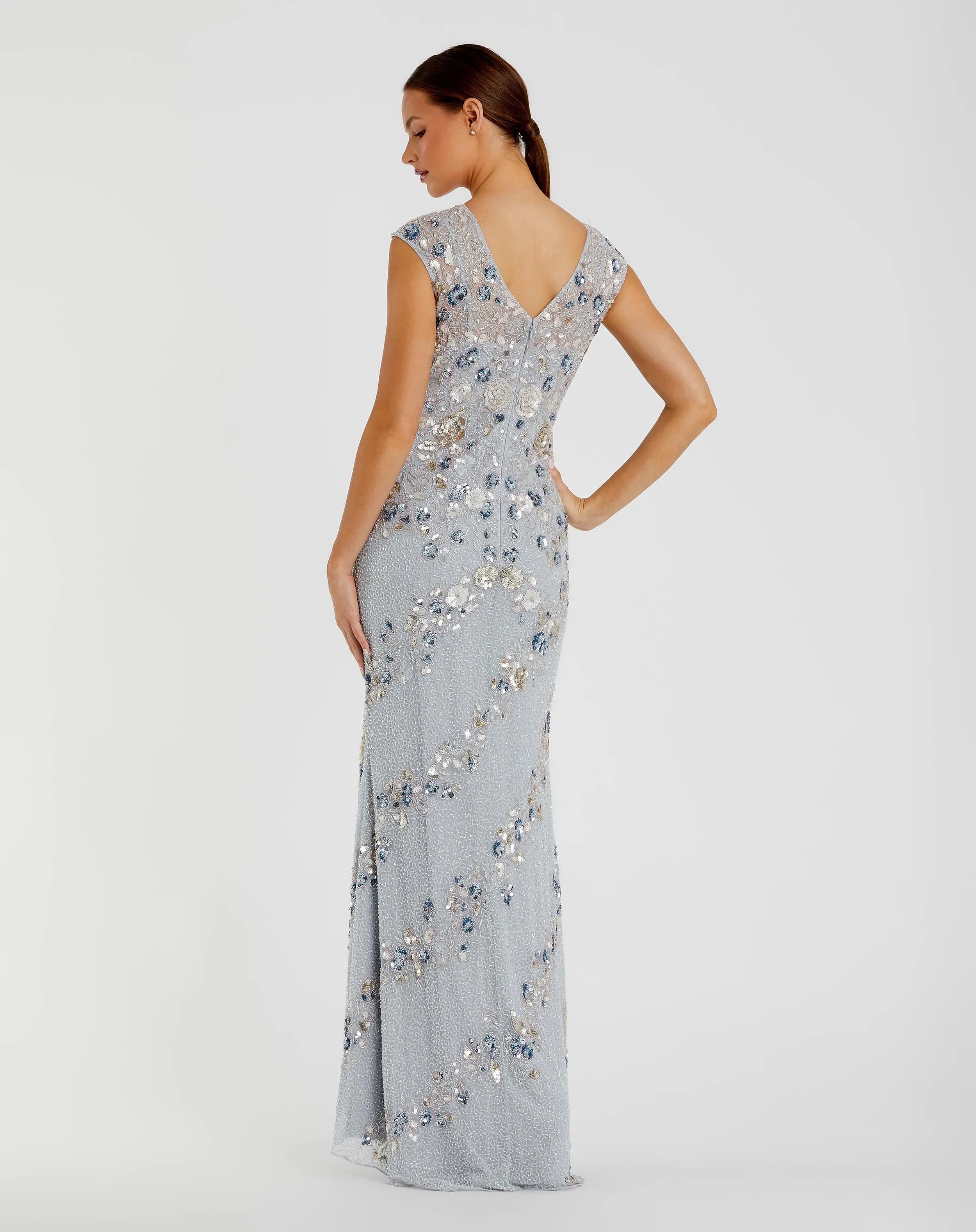 Light Blue Floral Embellished Cap Sleeve Column Gown-Myartka