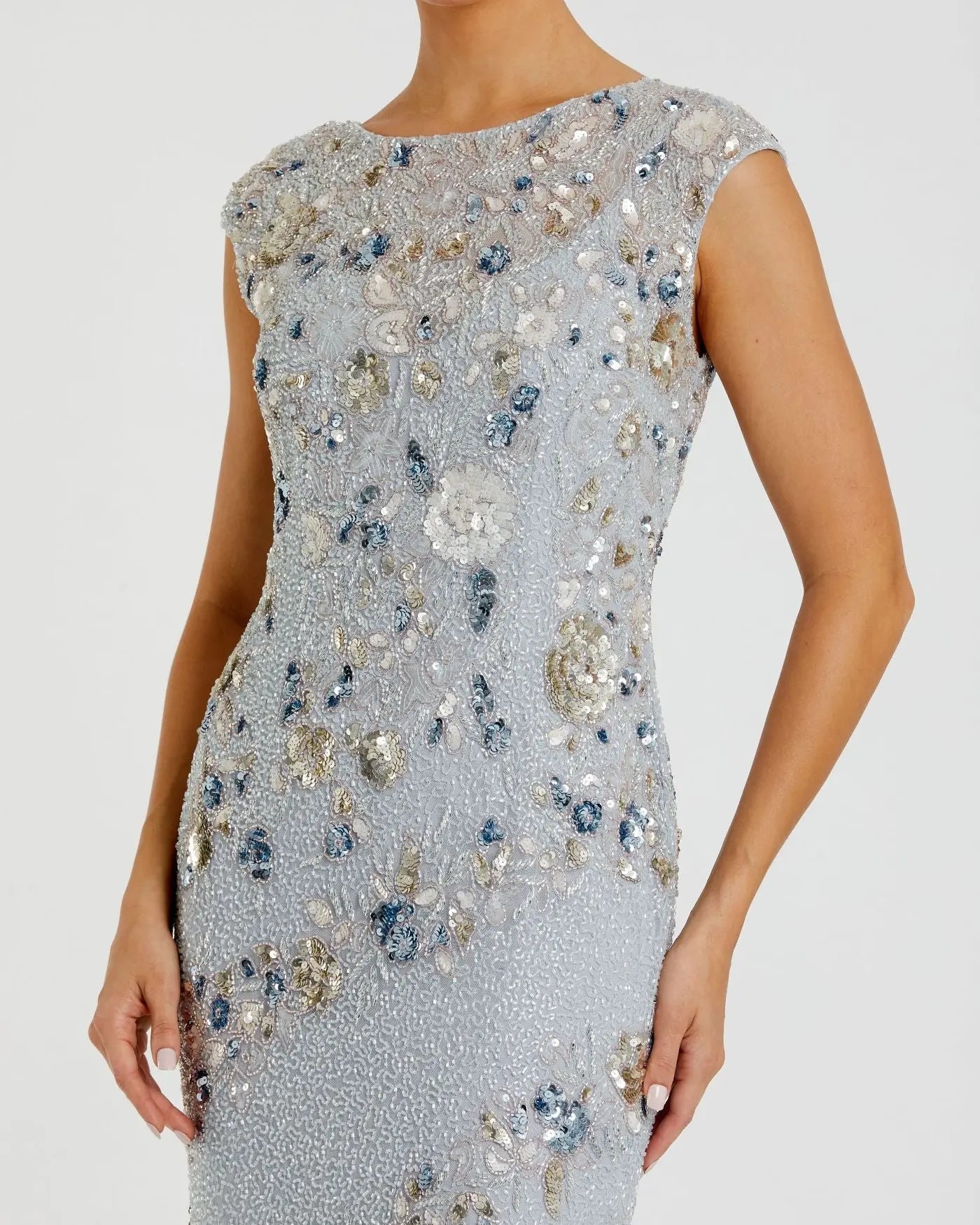 Light Blue Floral Embellished Cap Sleeve Column Gown-Myartka