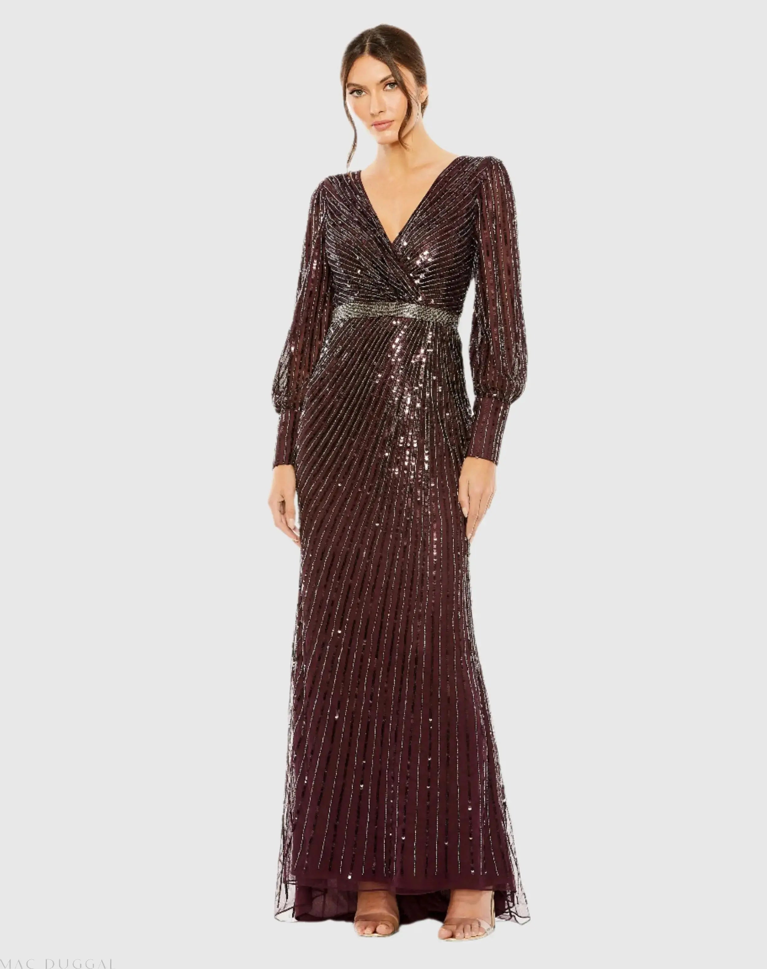 Red Sequined Wrap Over Bishop Sleeve Gown-Myartka