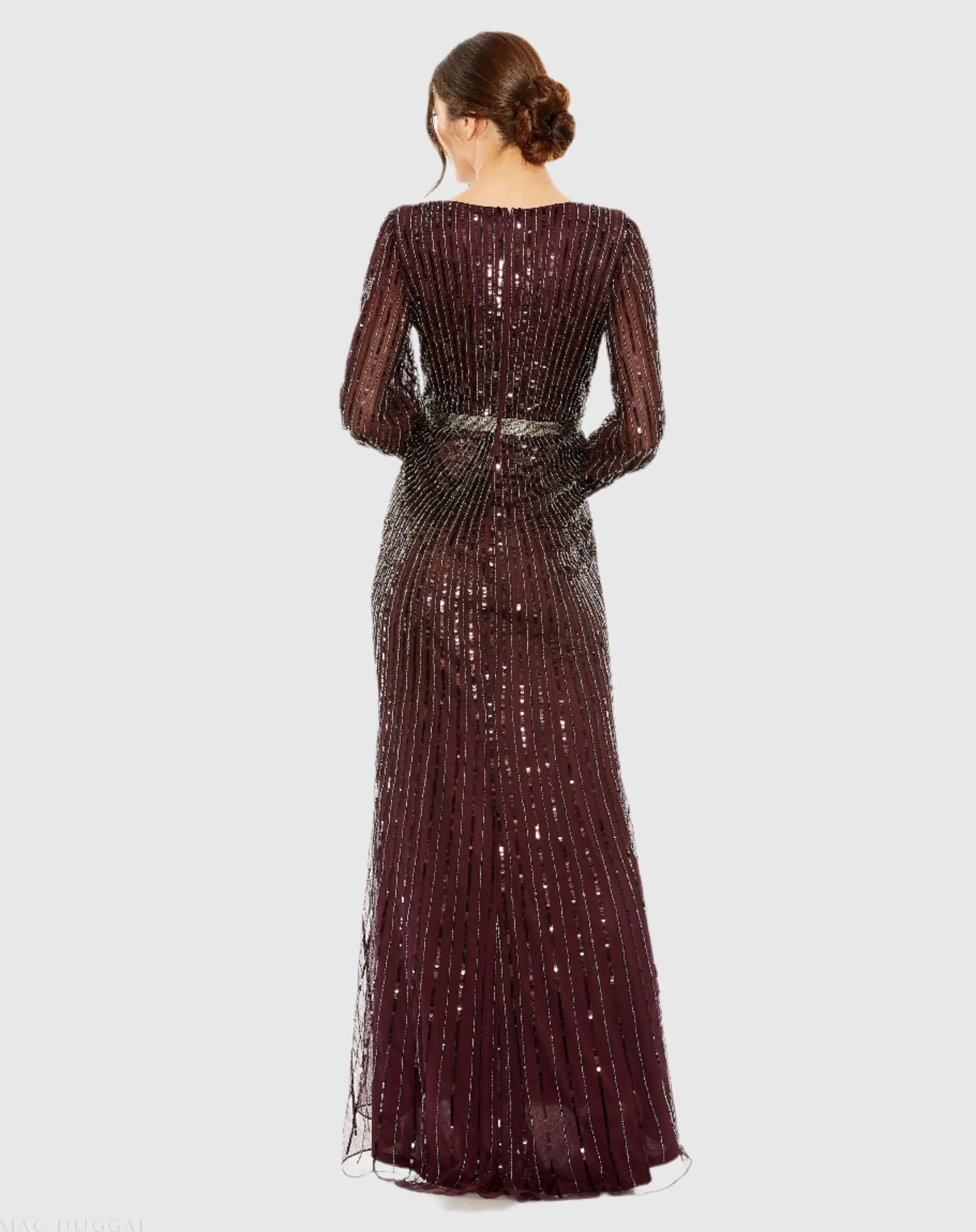 Red Sequined Wrap Over Bishop Sleeve Gown-Myartka