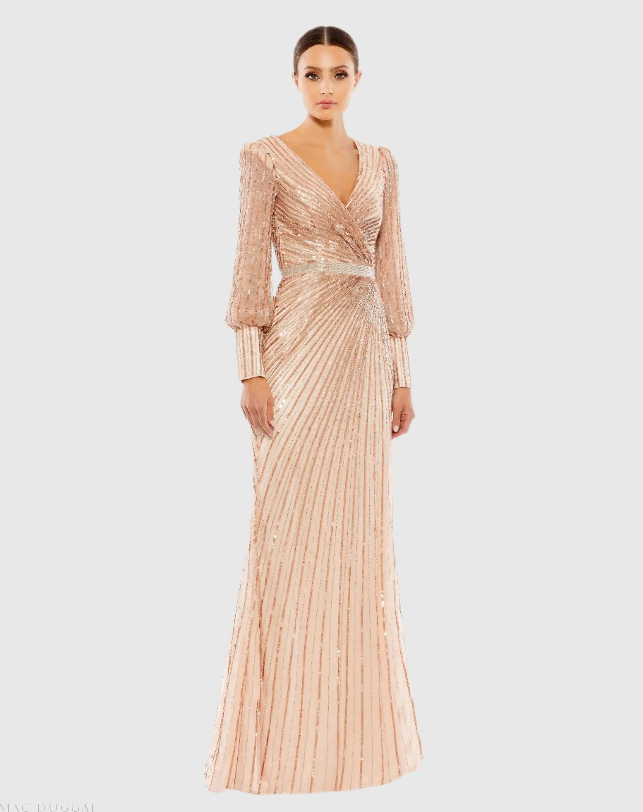 Sequined Wrap Over Bishop Sleeve Gown-Myartka