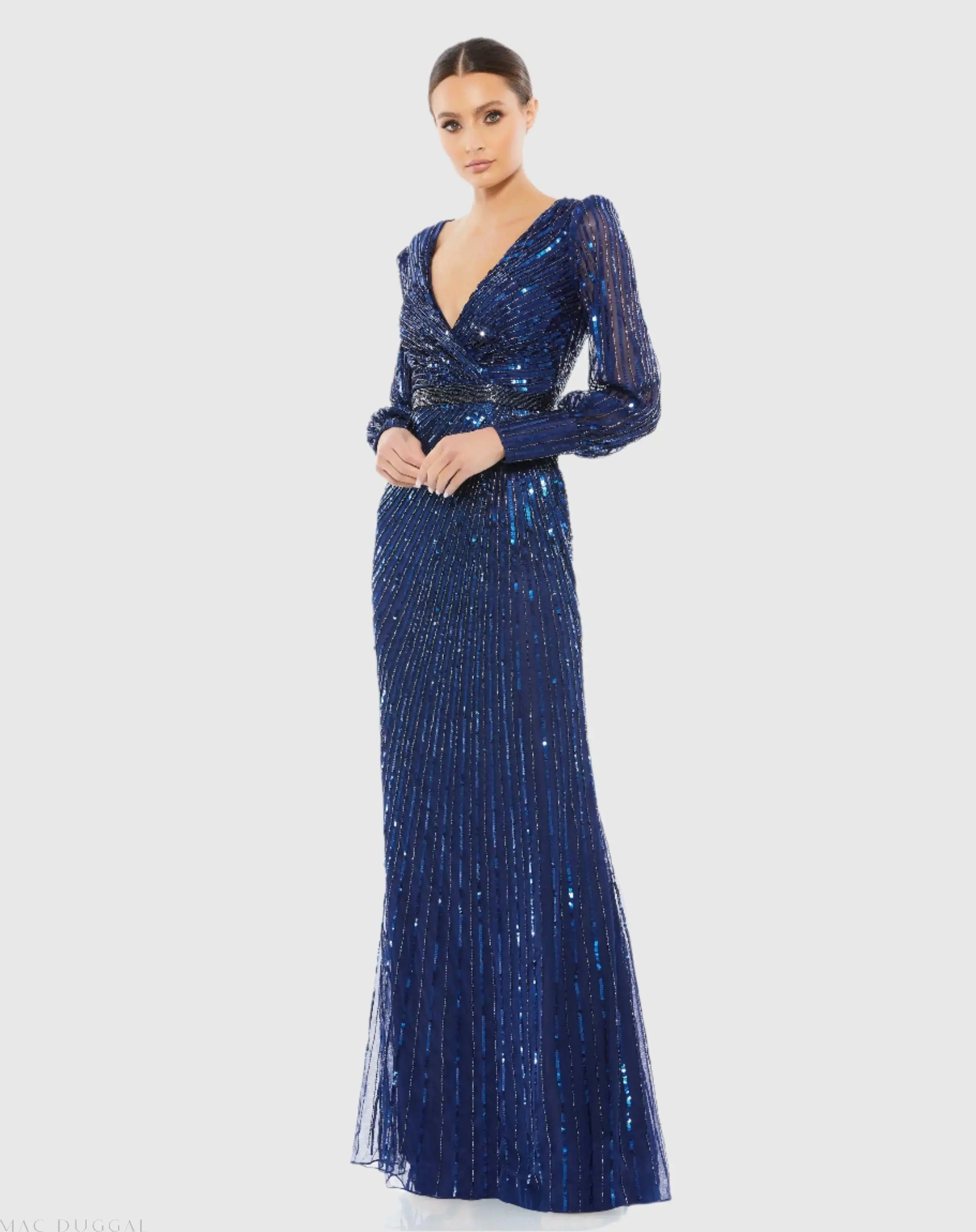 Sequined Wrap Over Bishop Sleeve Gown-Myartka