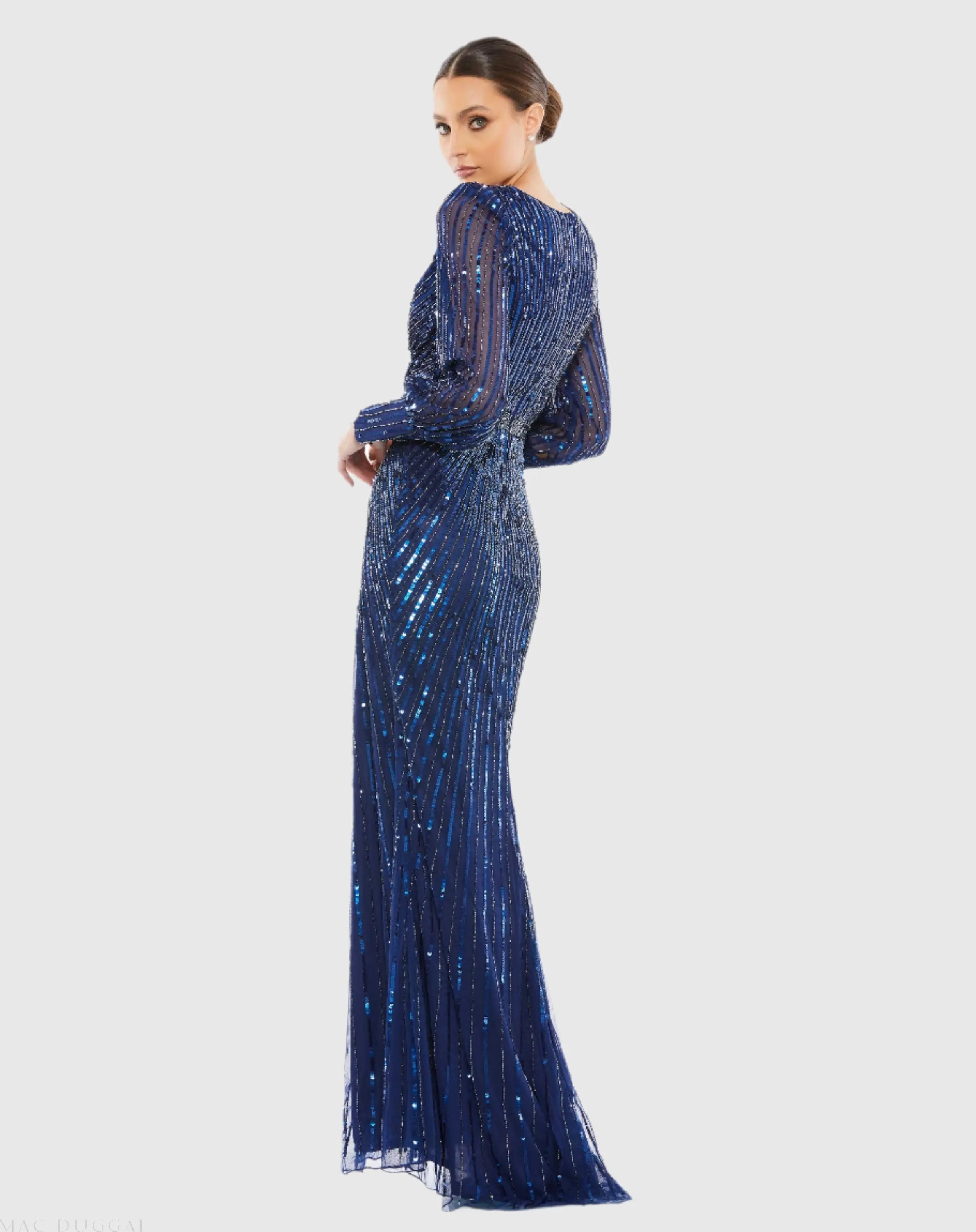 Navy Sequined Wrap Over Bishop Sleeve Gown-Myartka