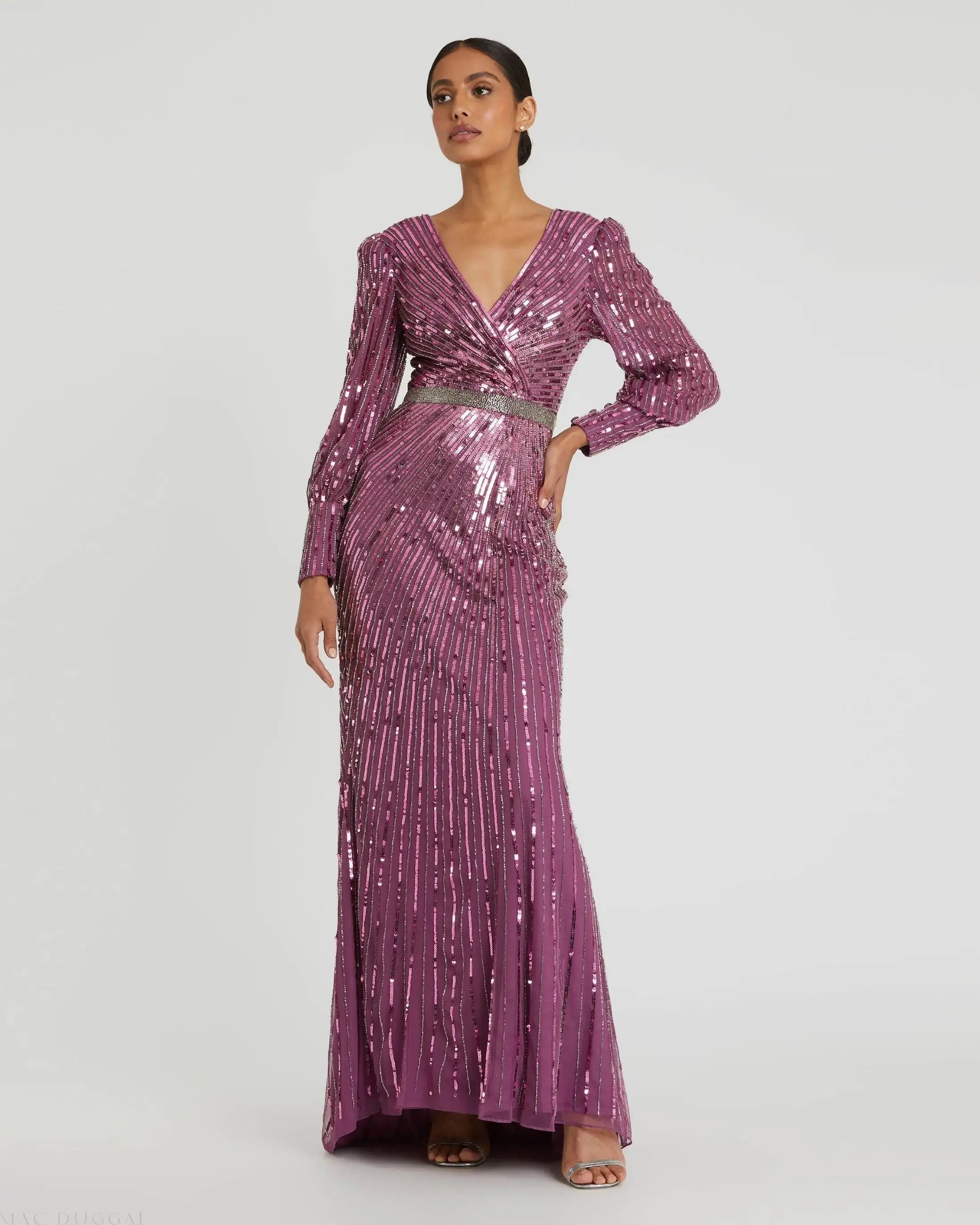 Purple Sequined Wrap Over Bishop Sleeve Gown-Myartka