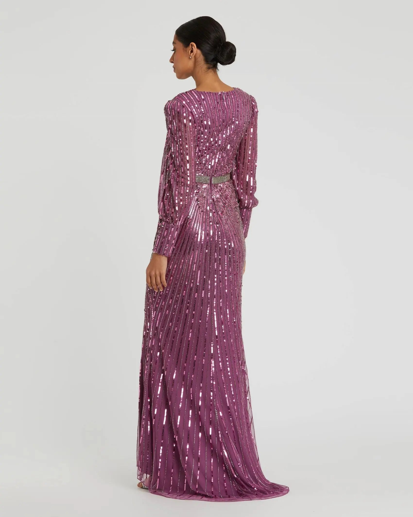 Purple Sequined Wrap Over Bishop Sleeve Gown-Myartka
