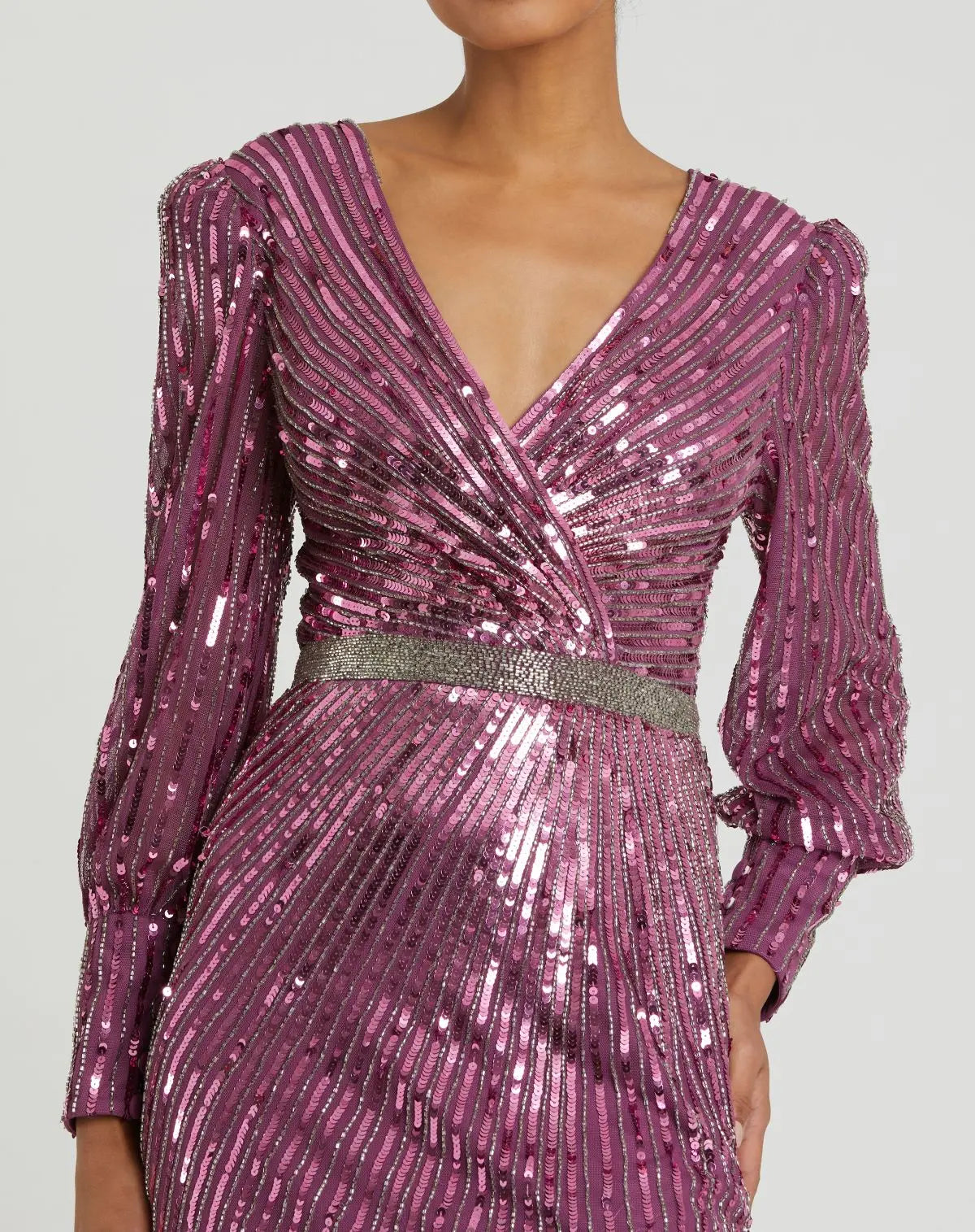 Purple Sequined Wrap Over Bishop Sleeve Gown-Myartka