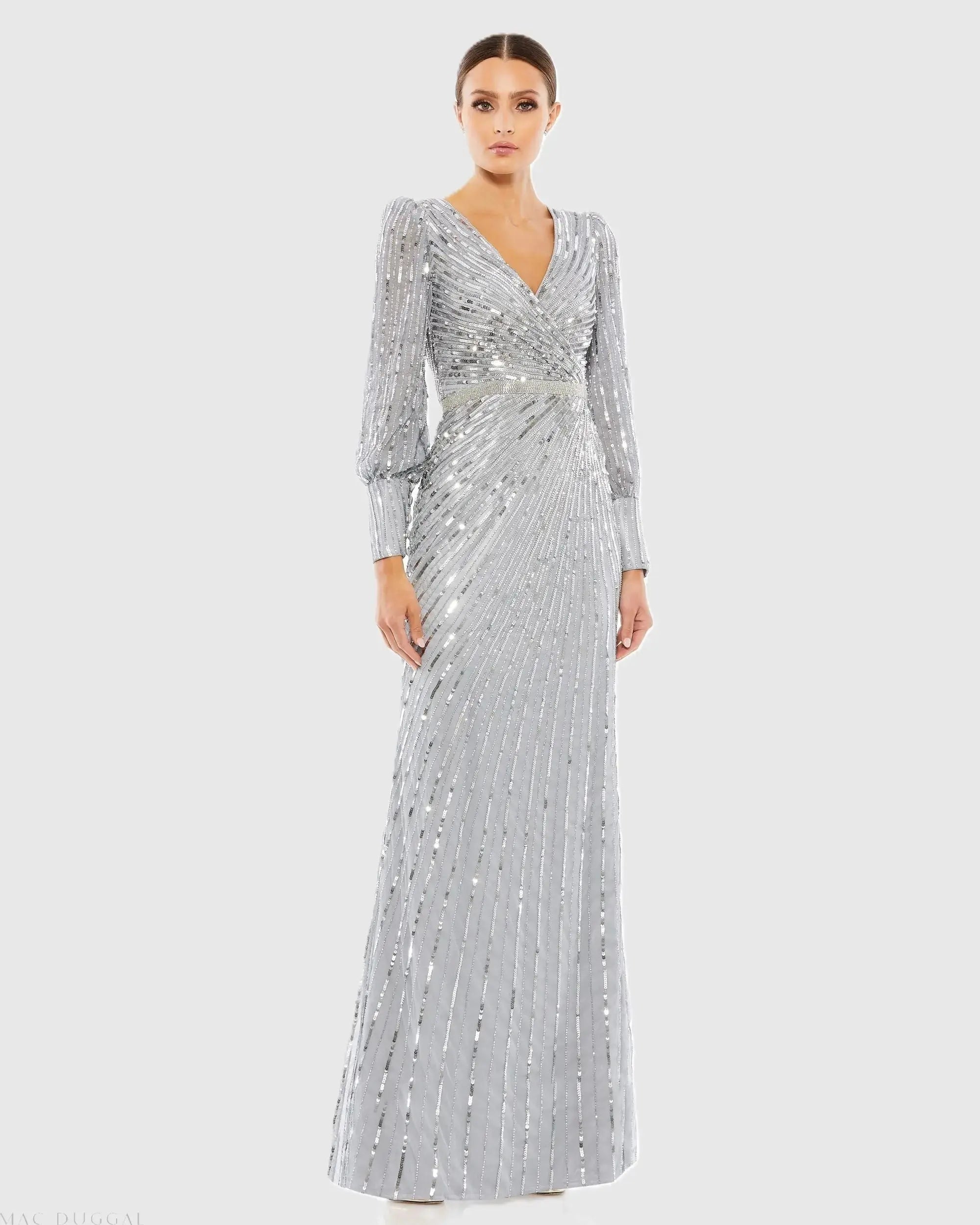 Sequined Wrap Over Bishop Sleeve Gown-Myartka