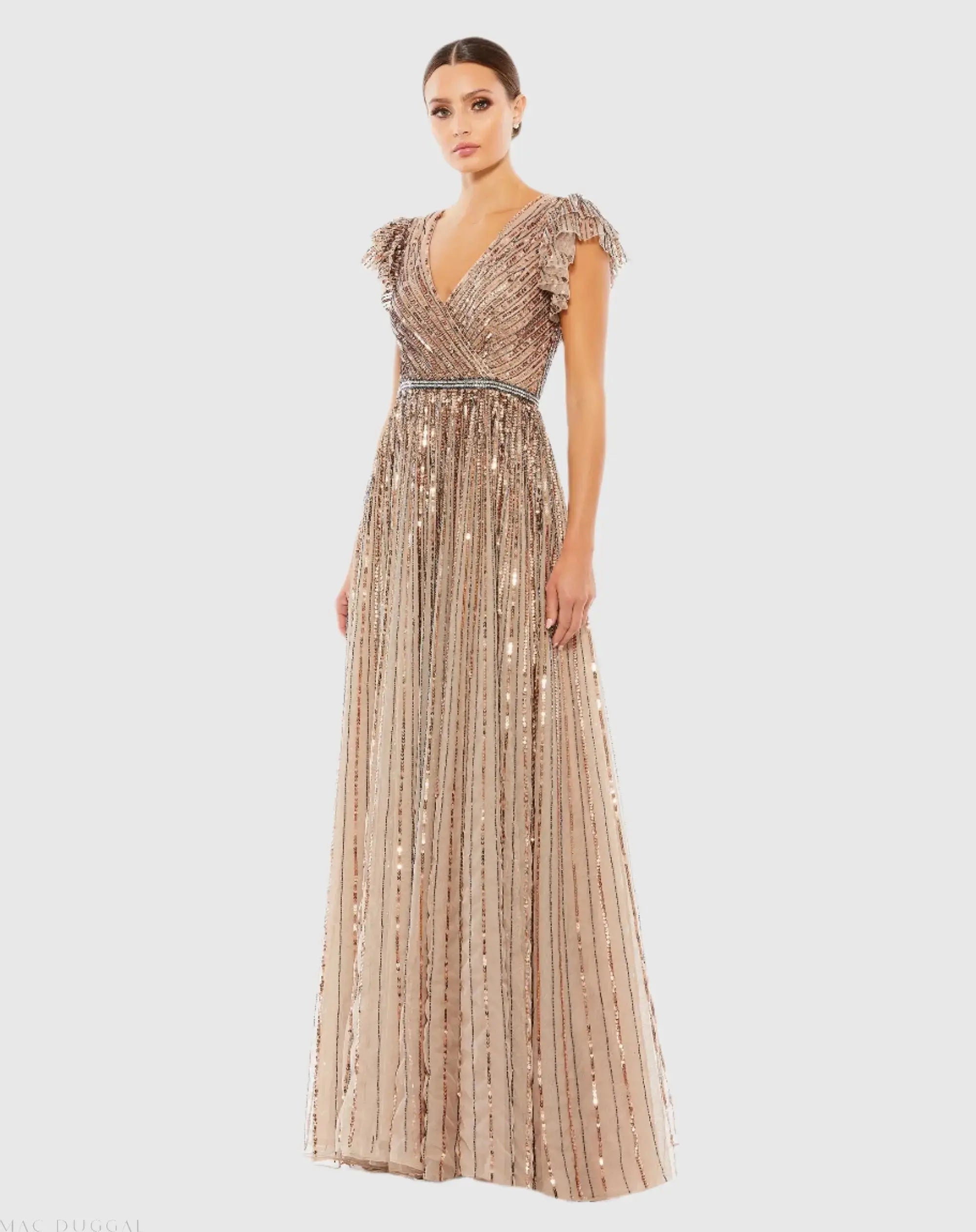 Beige Sequined Wrap Over Ruffled Cap Sleeve Gown-Myartka