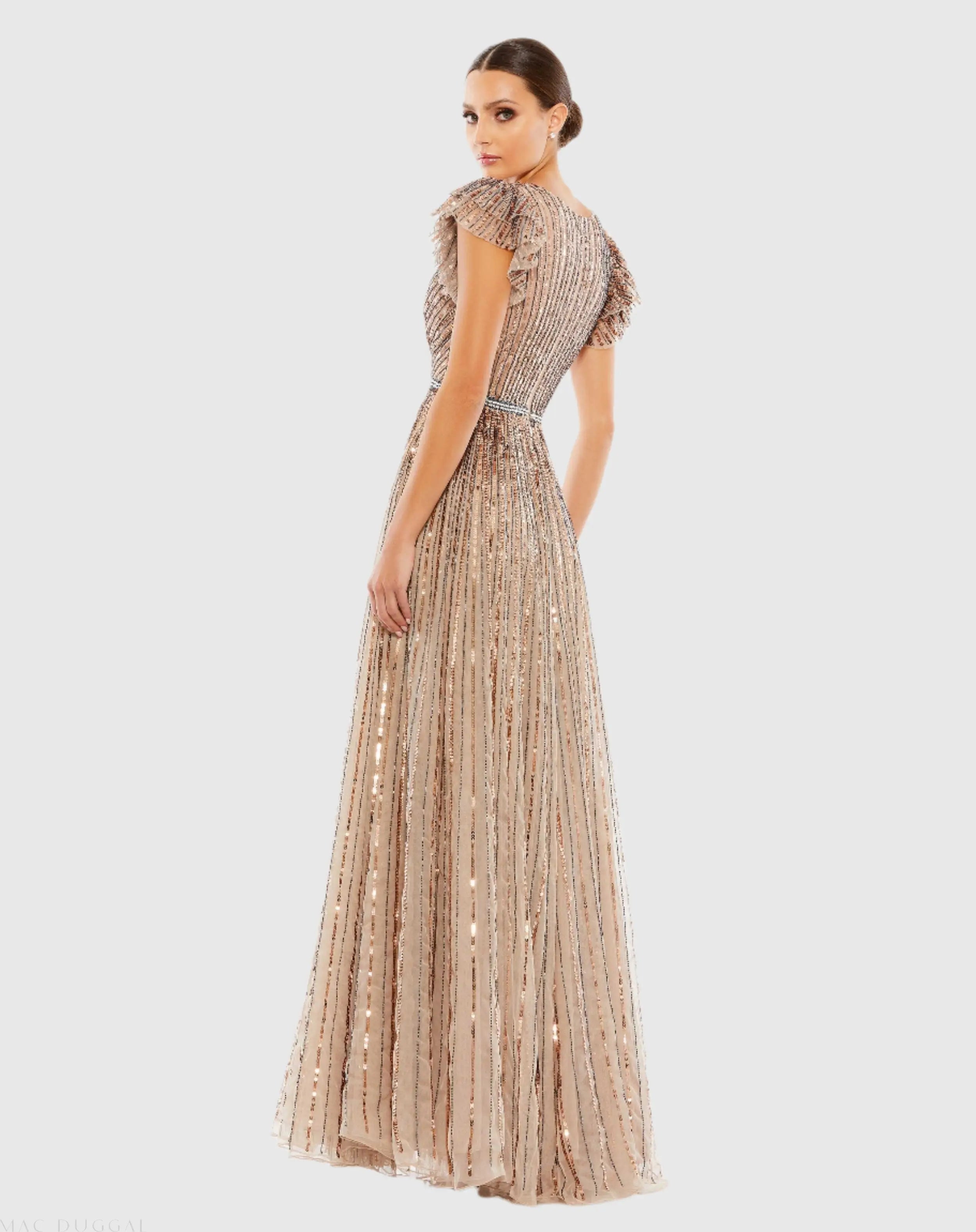 Beige Sequined Wrap Over Ruffled Cap Sleeve Gown-Myartka