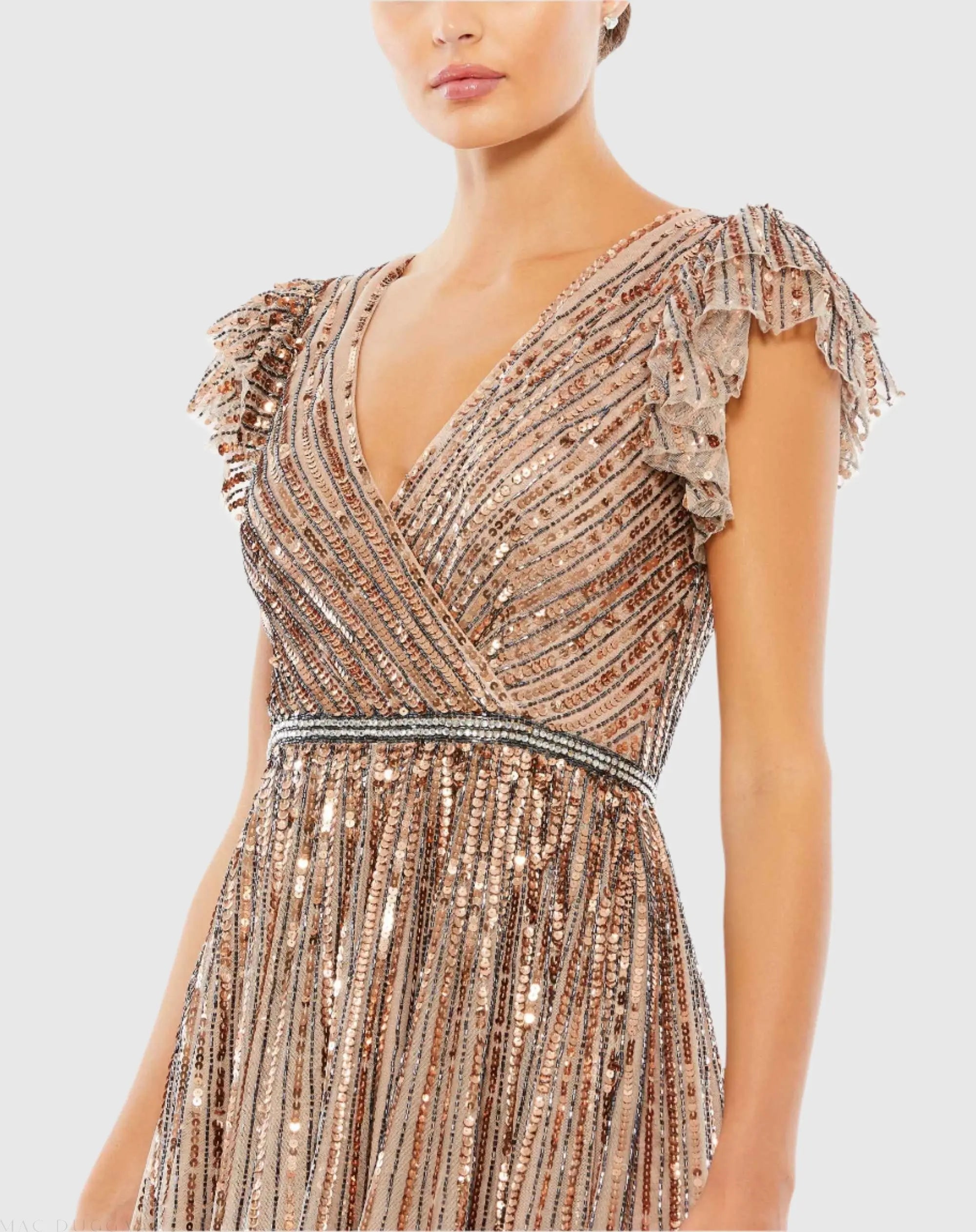 Beige Sequined Wrap Over Ruffled Cap Sleeve Gown-Myartka