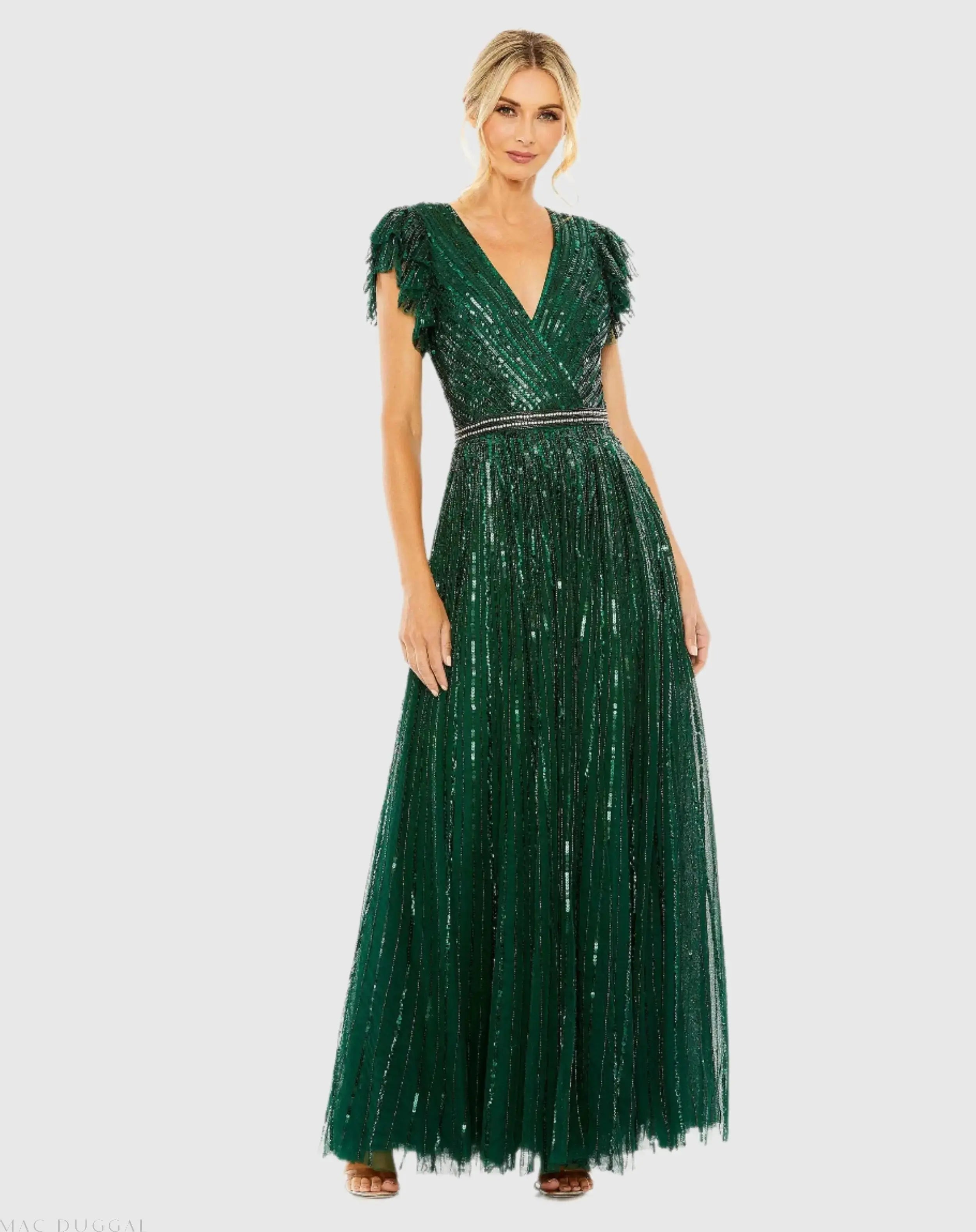 Sequined Wrap Over Ruffled Cap Sleeve Gown-Myartka
