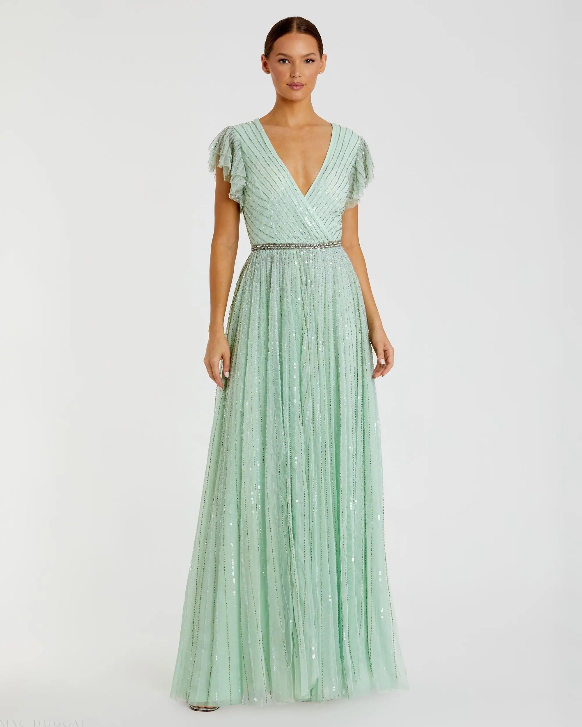 Sequined Wrap Over Ruffled Cap Sleeve Gown-Myartka