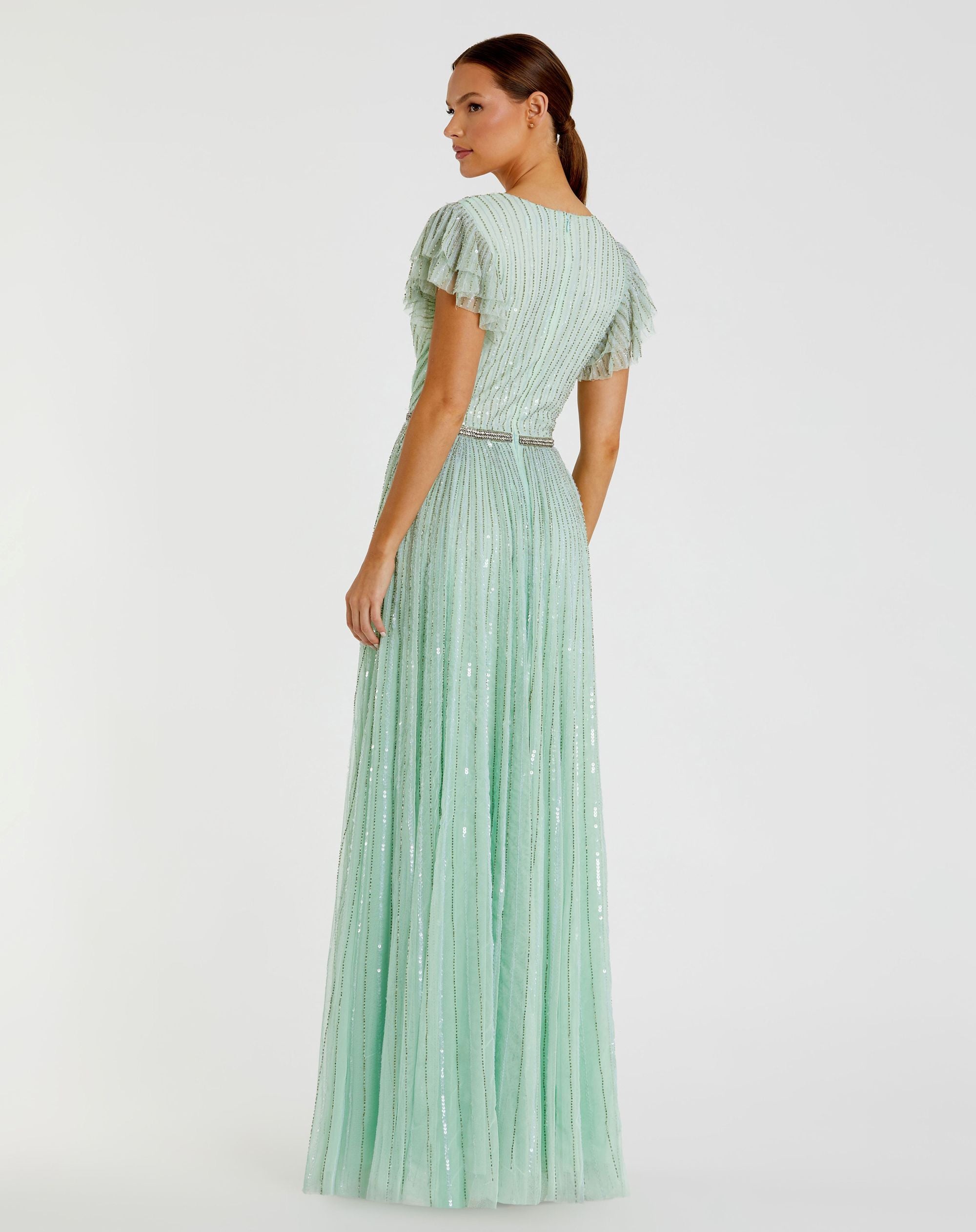 Green Sequined Wrap Over Ruffled Cap Sleeve Gown-Myartka