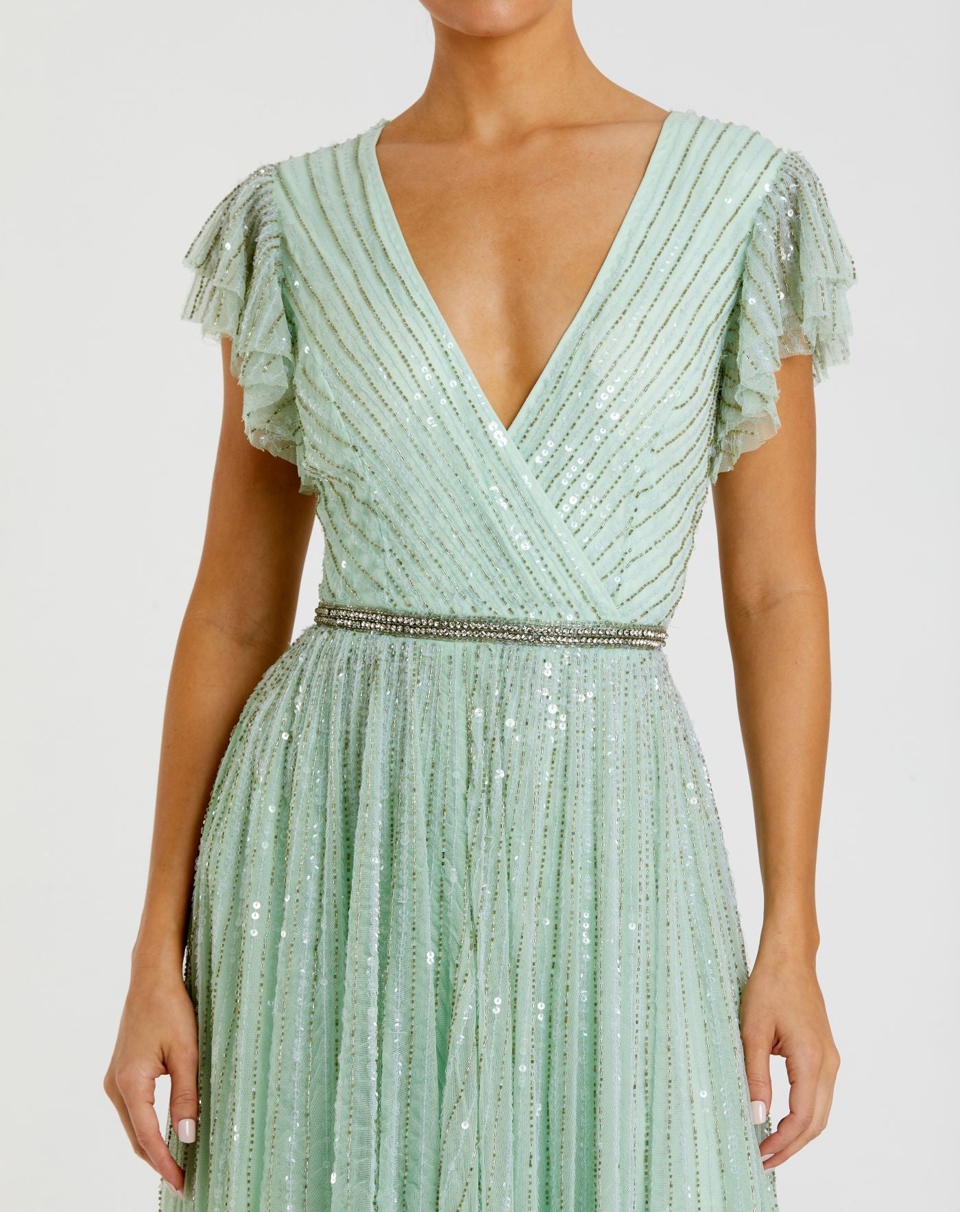 Green Sequined Wrap Over Ruffled Cap Sleeve Gown-Myartka