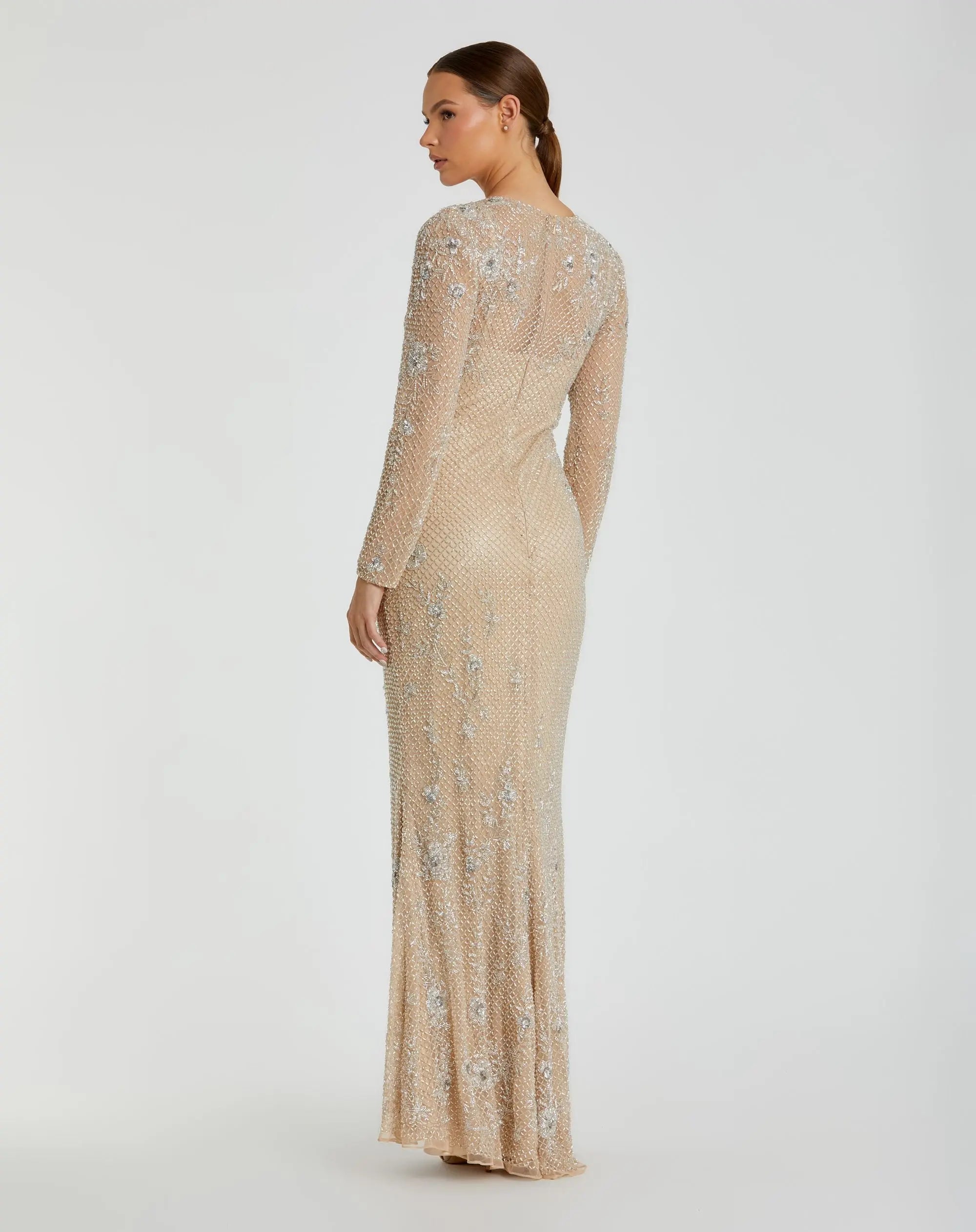 Beige Long Sleeve Beaded Evening Gown-Myartka