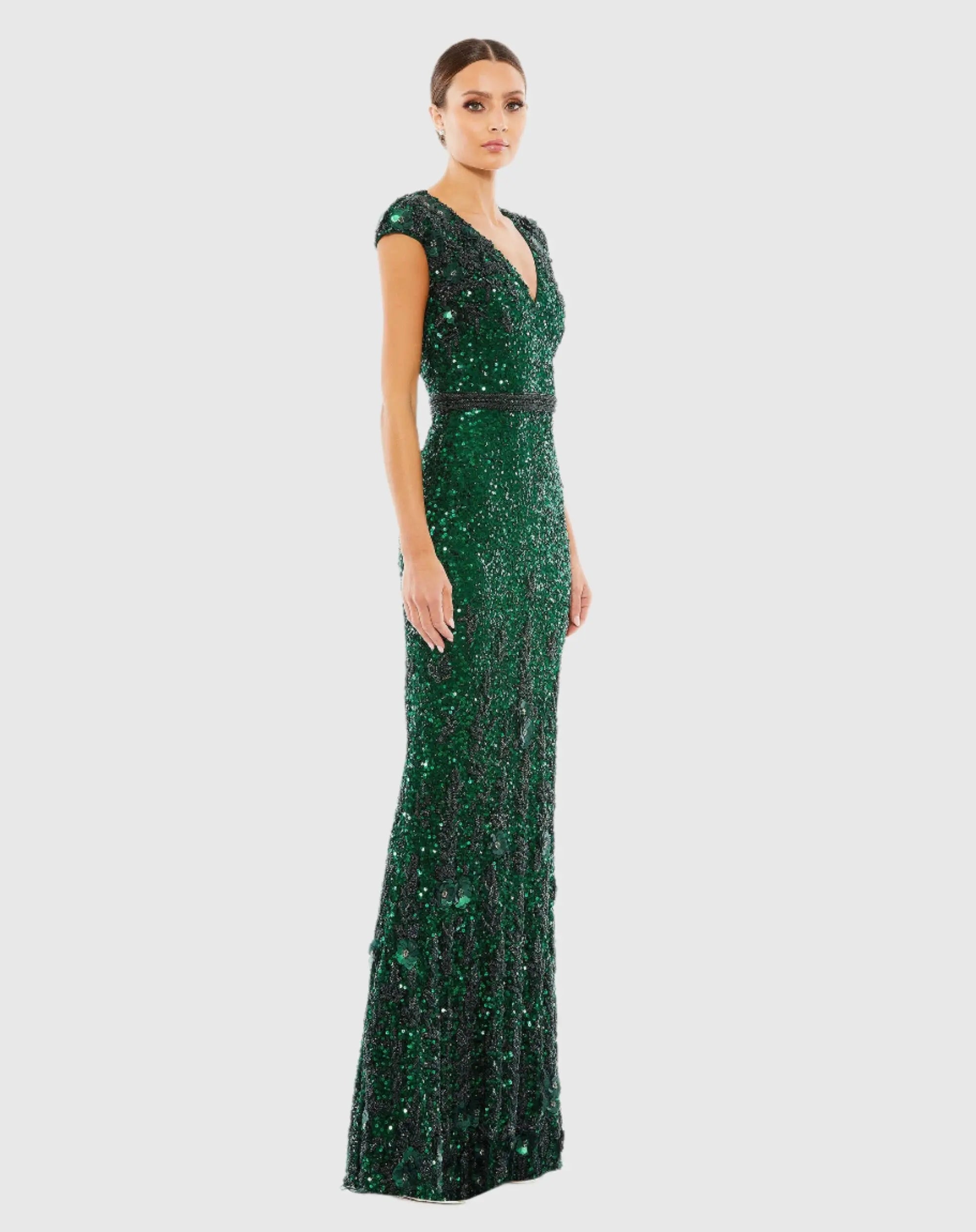 Green Embellished V Neck Cap Sleeve Sequin Gown-Myartka