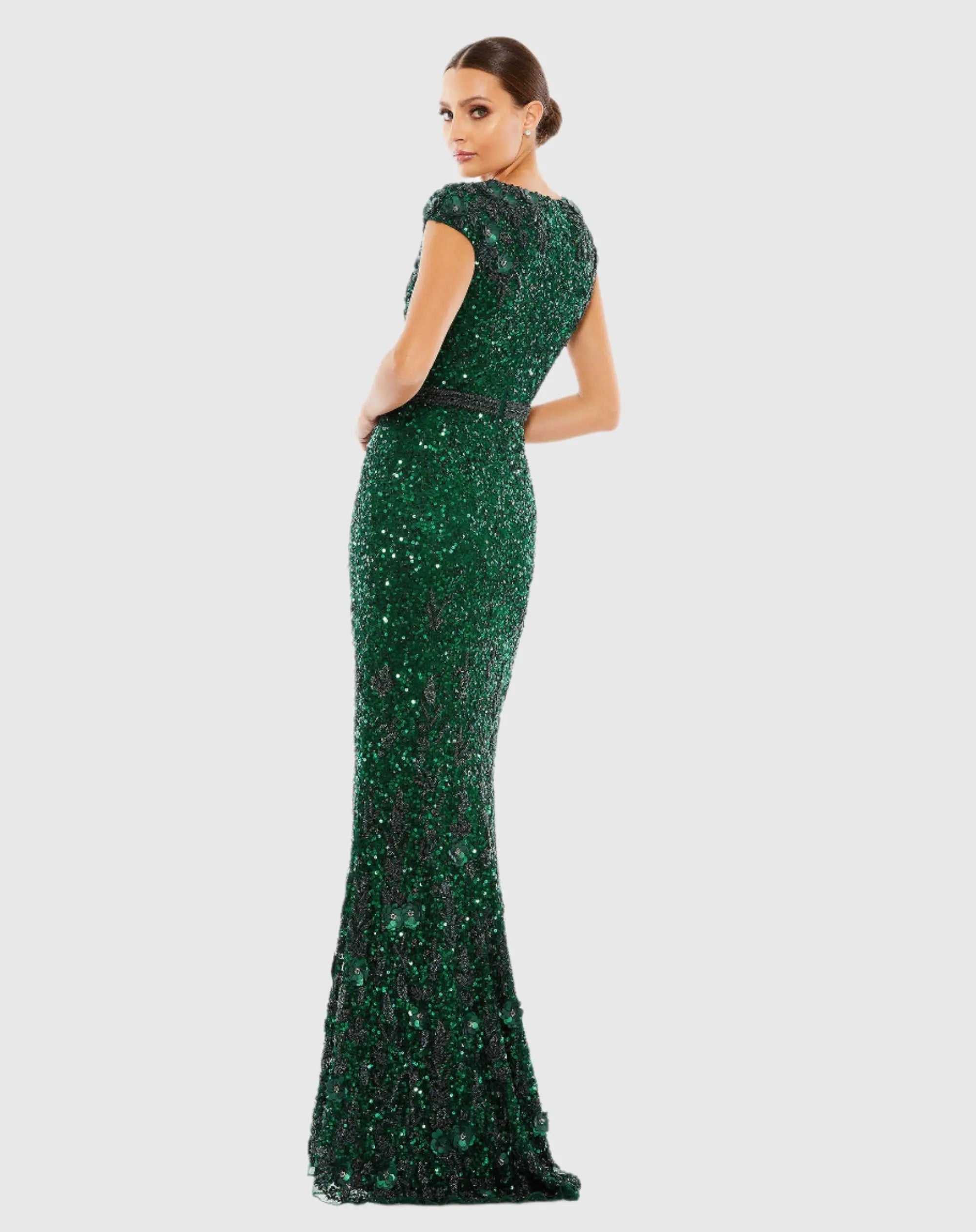 Green Embellished V Neck Cap Sleeve Sequin Gown-Myartka
