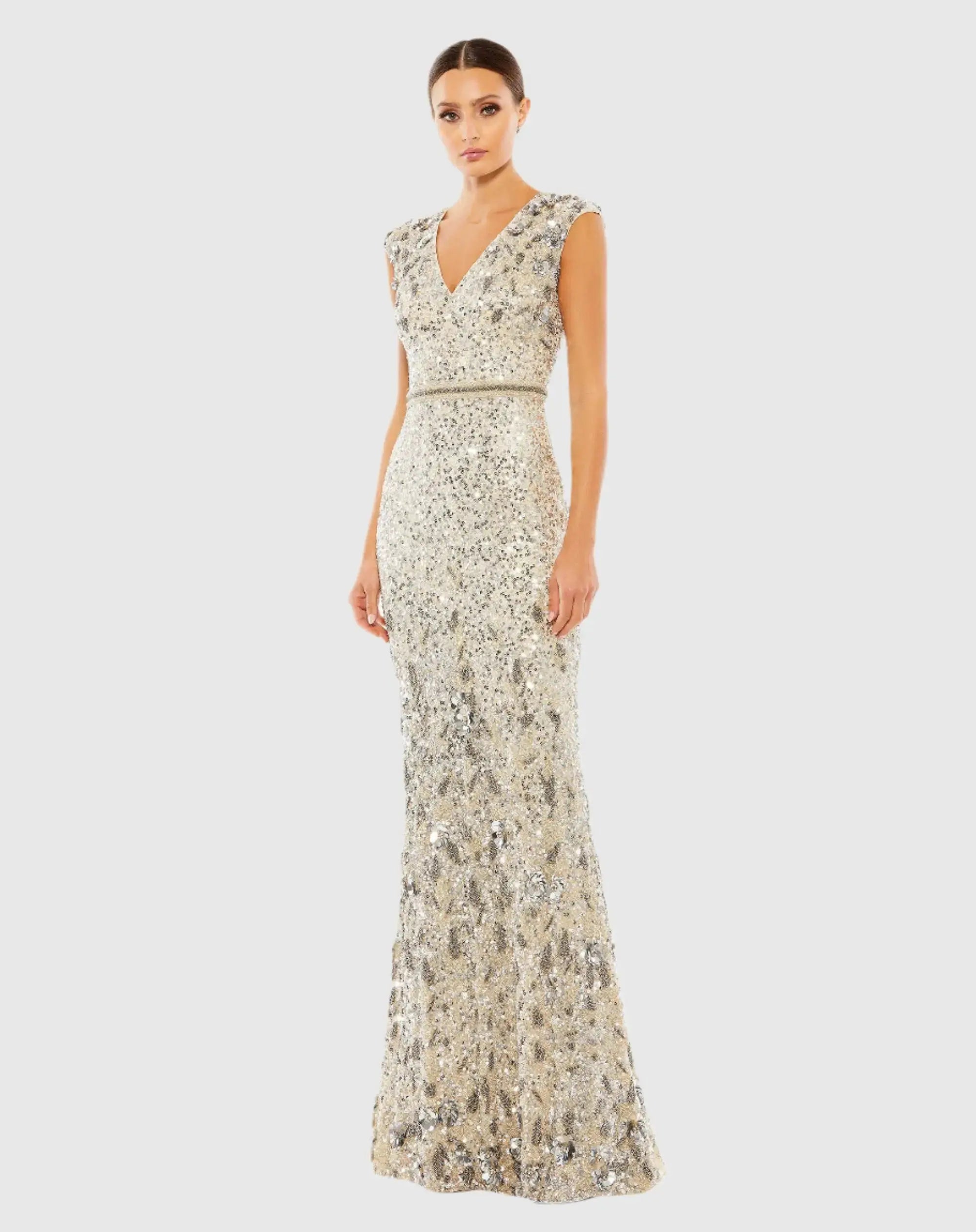Embellished V Neck Cap Sleeve Sequin Gown-Myartka