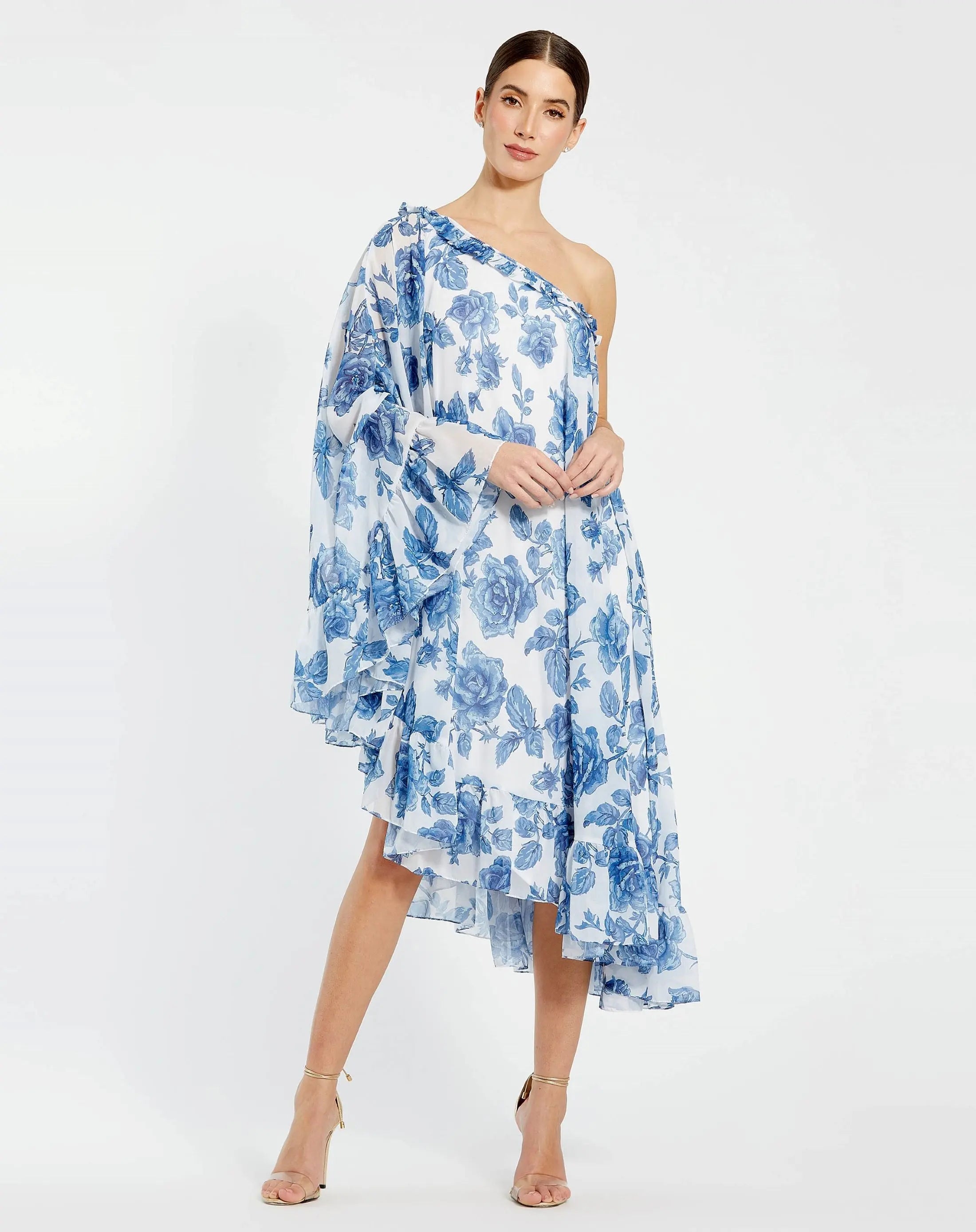 White and Blue Floral Print One Shoulder Cape Dress-Myartka