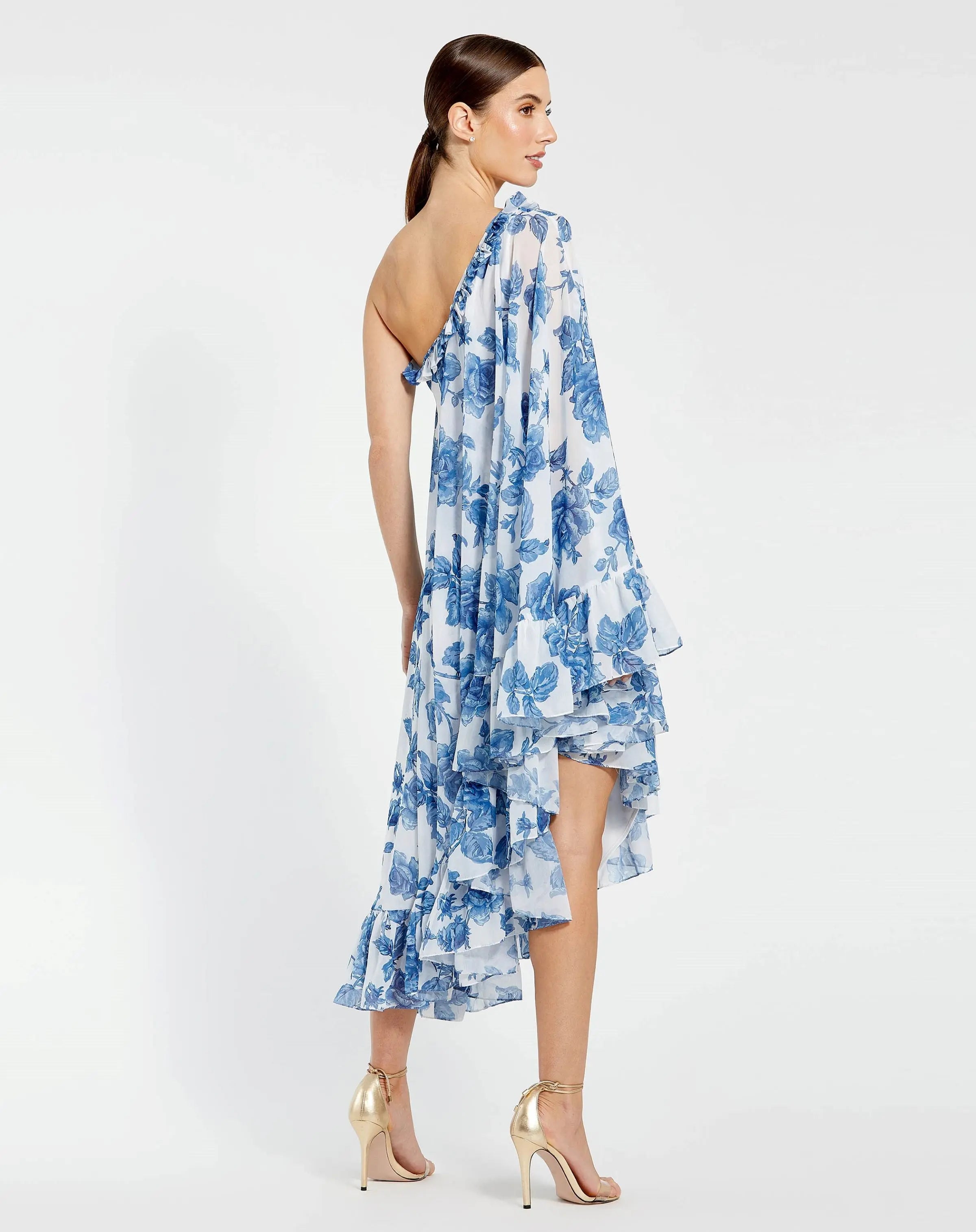 White and Blue Floral Print One Shoulder Cape Dress-Myartka