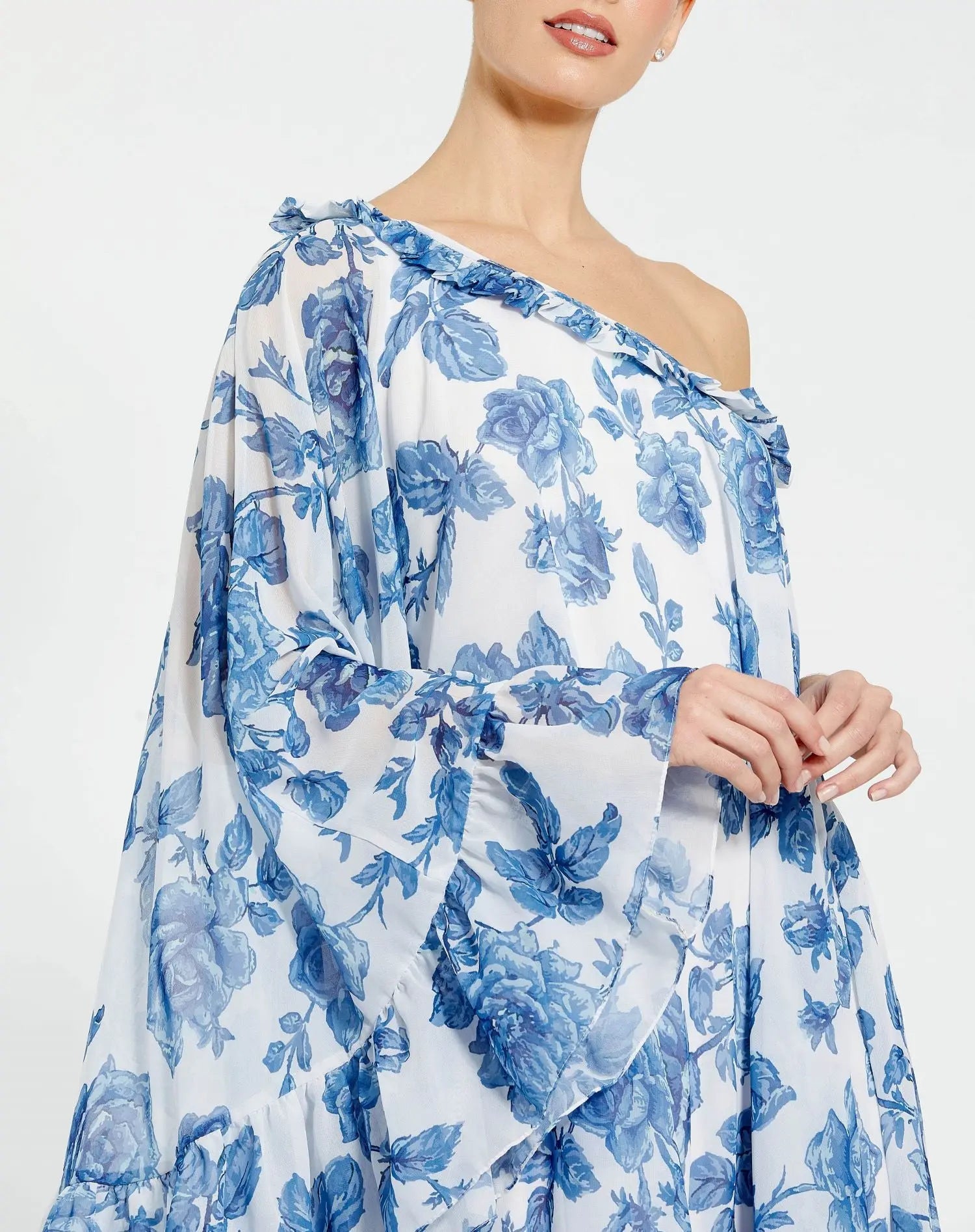White and Blue Floral Print One Shoulder Cape Dress-Myartka