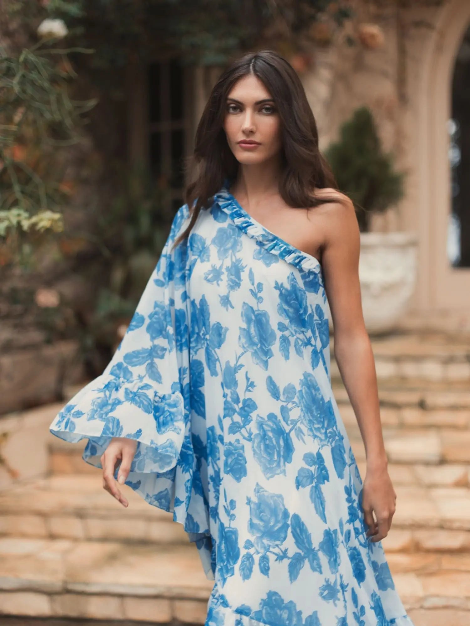 White and Blue Floral Print One Shoulder Cape Dress-Myartka