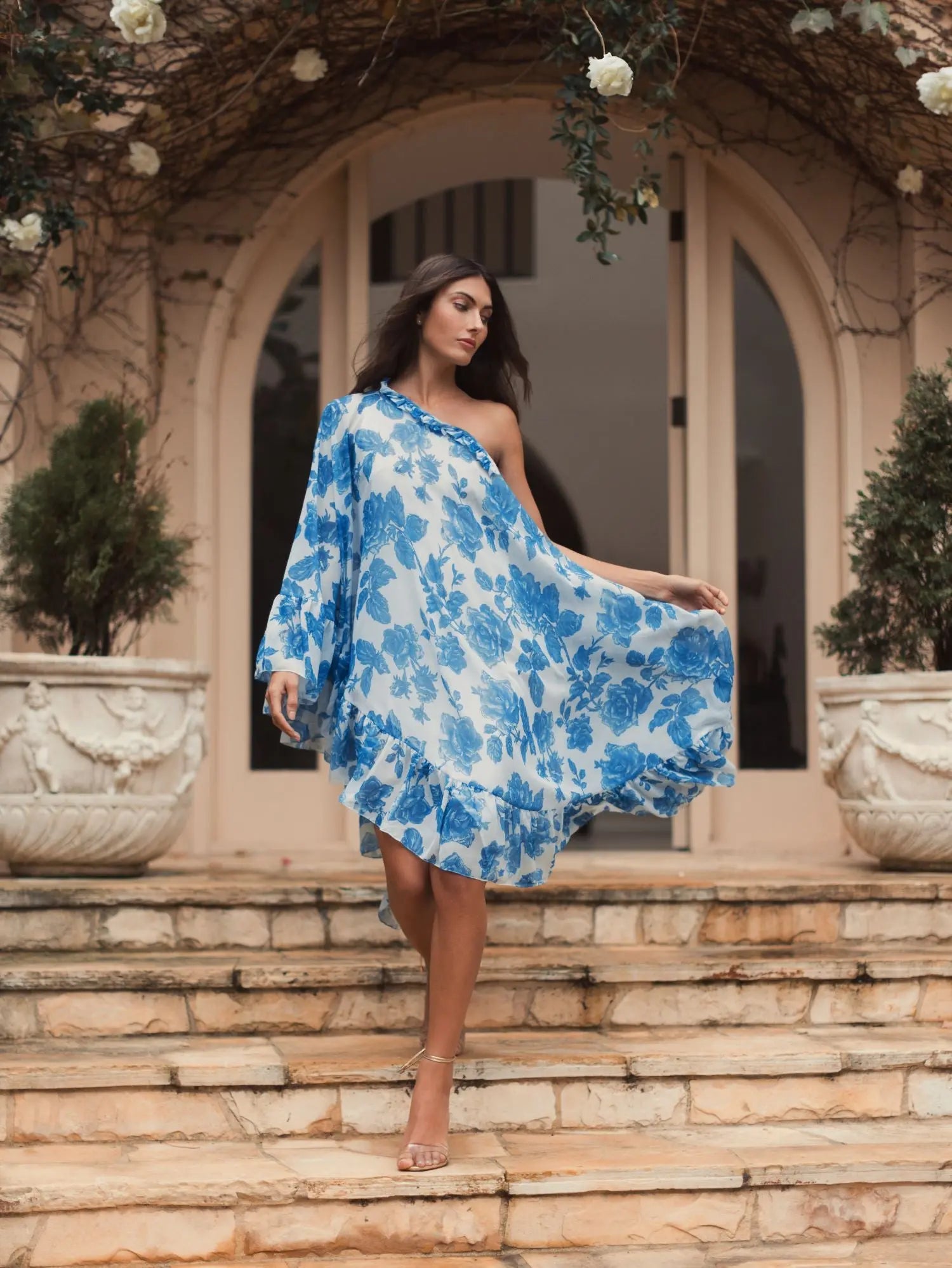 White and Blue Floral Print One Shoulder Cape Dress-Myartka
