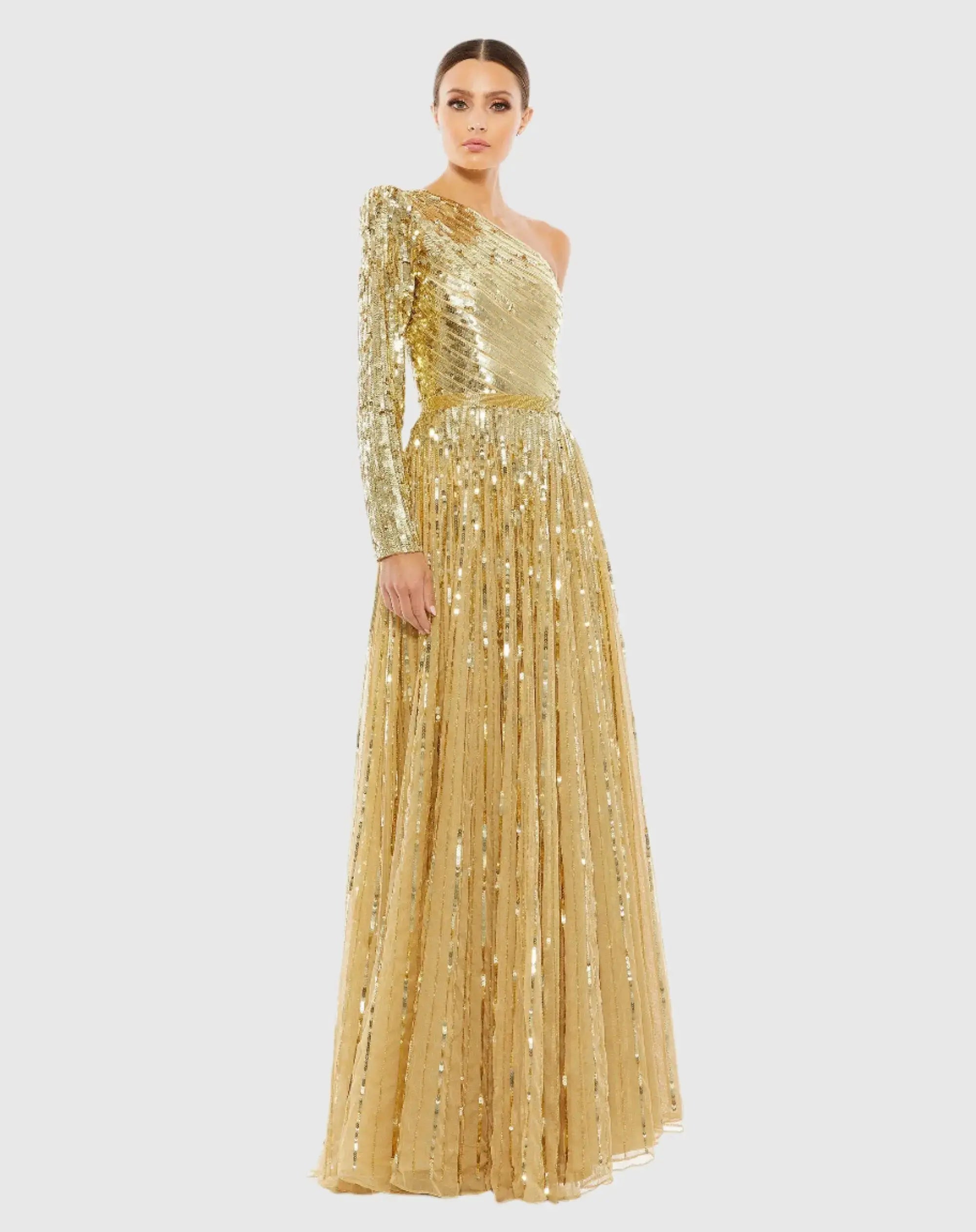 Sequined One Shoulder A Line Gown-Myartka