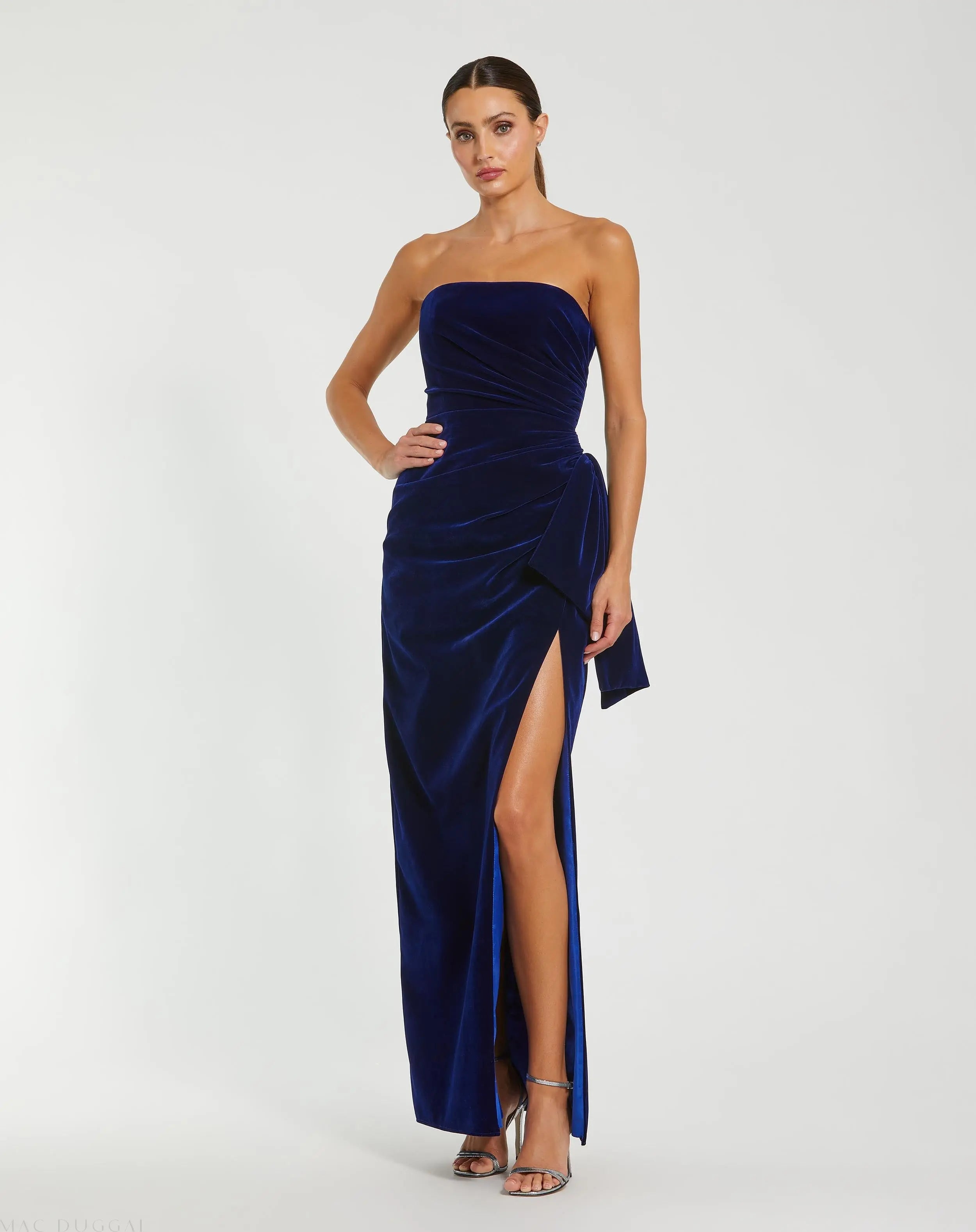 Blue Strapless High Slit Draped Velvet Gown-Myartka