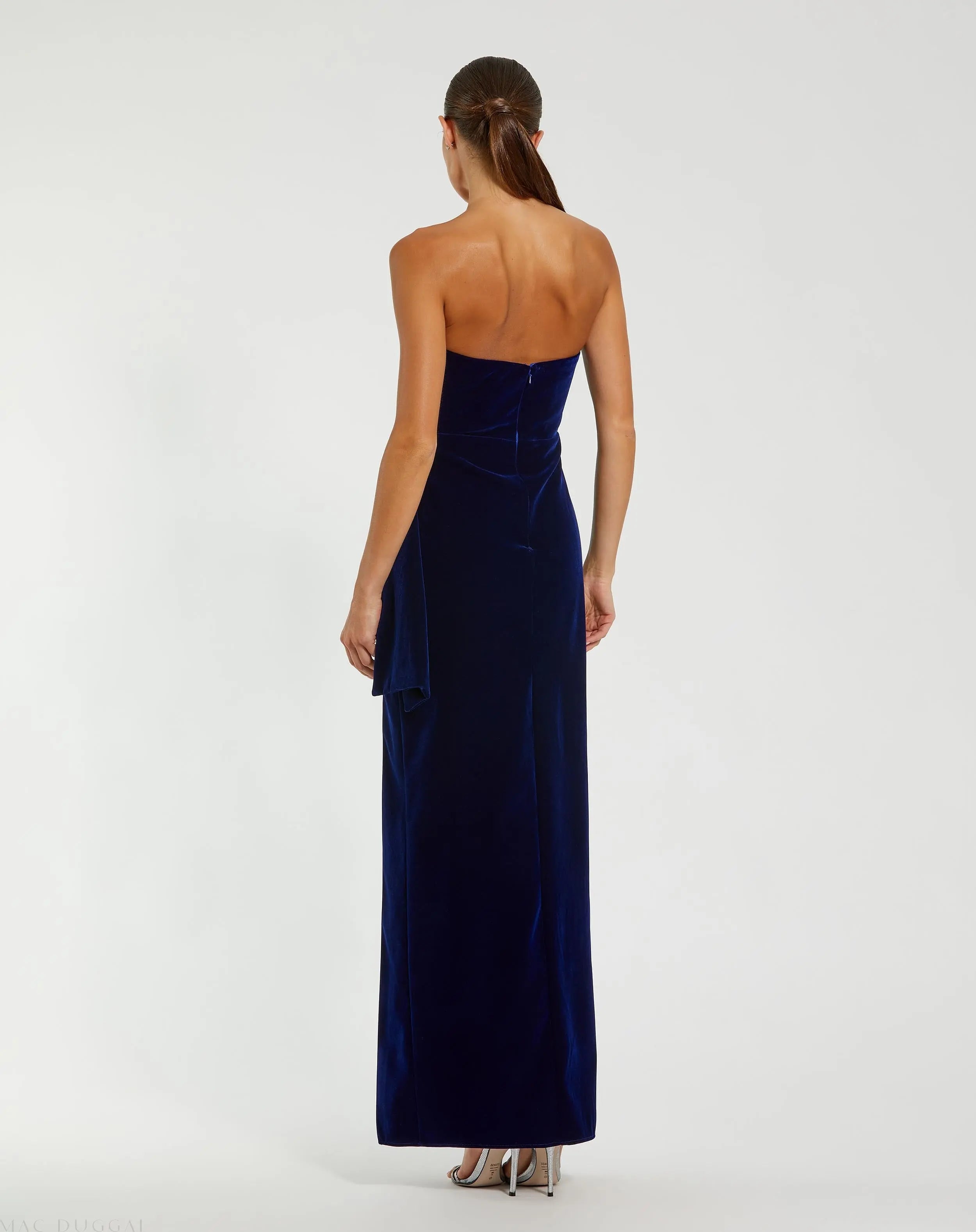 Blue Strapless High Slit Draped Velvet Gown-Myartka