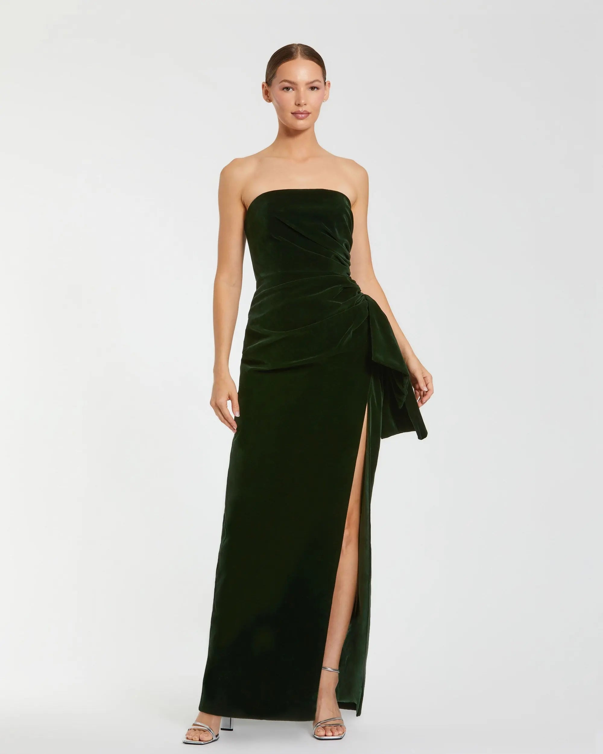 Green Strapless High Slit Draped Velvet Gown-Myartka