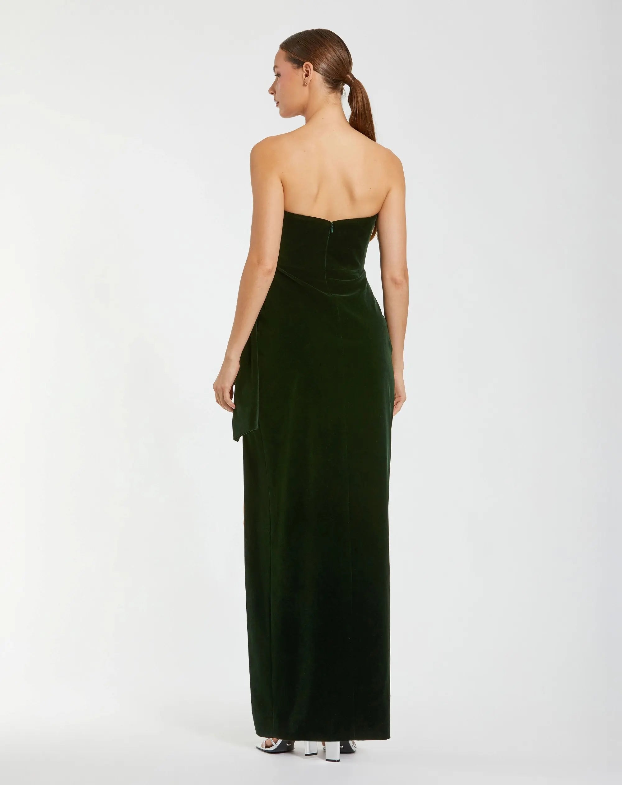Green Strapless High Slit Draped Velvet Gown-Myartka