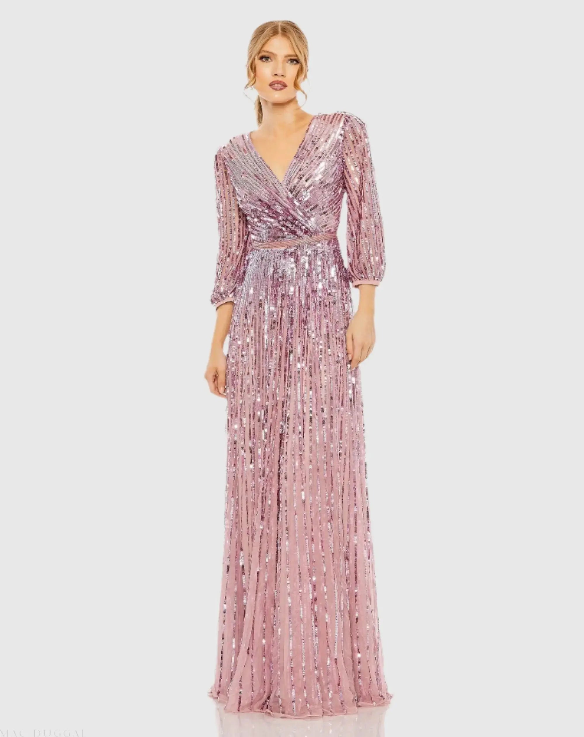 Purple Sequined Wrap Over 3/4 Sleeve Gown-Myartka